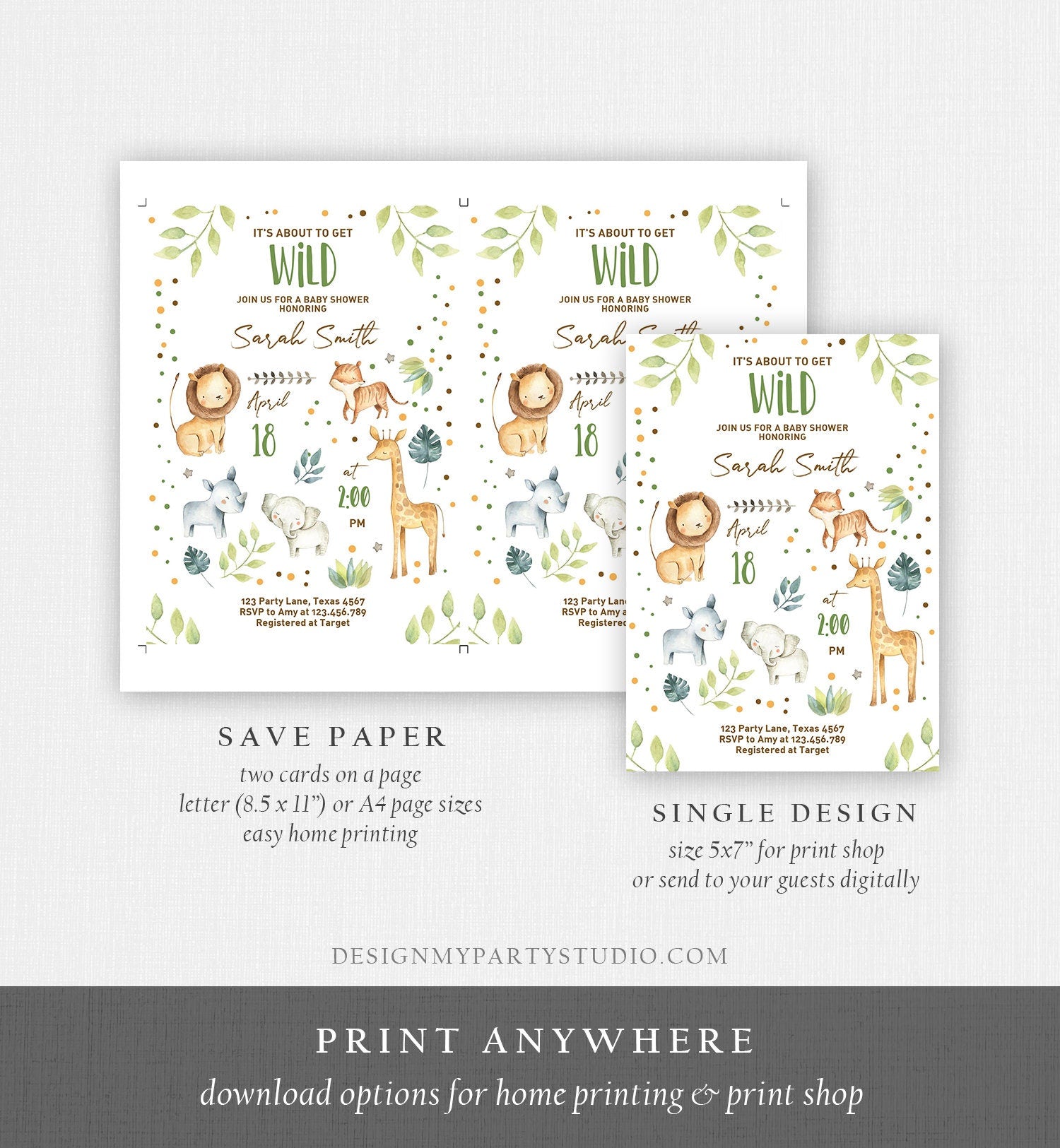 Editable Baby Shower Invitation Jungle Safari Animals Baby Shower Invite Gender Neutral Rustic Wild Download Printable Template Corjl 0164