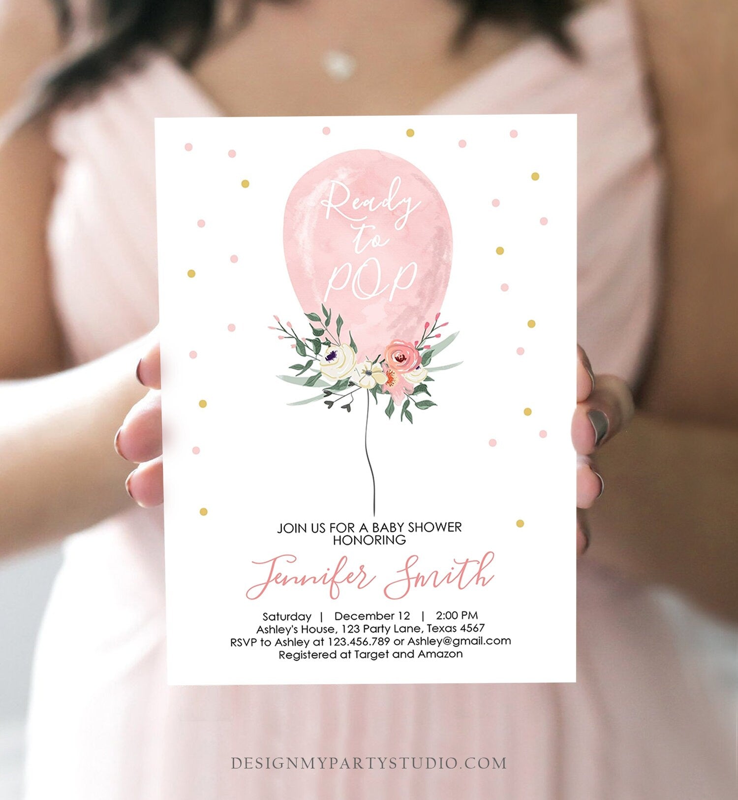 Editable Ready to Pop Baby Shower Invitation Floral Balloon Pink Gold Girl Flowers Instant Download Printable Template Digital Corjl 0221