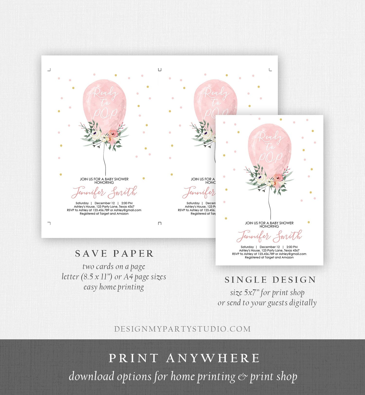 Editable Ready to Pop Baby Shower Invitation Floral Balloon Pink Gold Girl Flowers Instant Download Printable Template Digital Corjl 0221