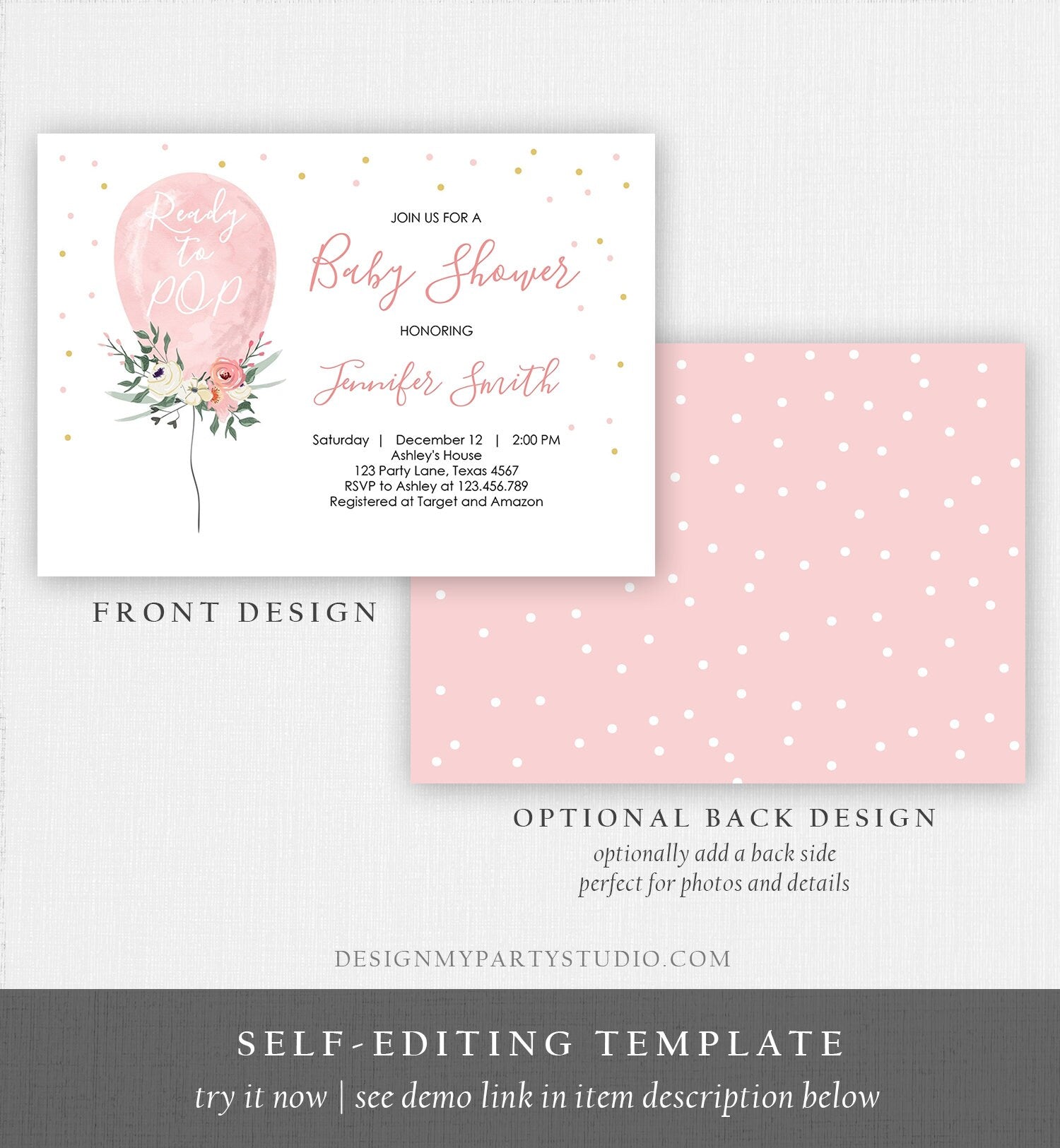 Editable Ready to Pop Baby Shower Invitation Floral Balloon Pink Gold Girl Flowers Instant Download Printable Template Digital Corjl 0221