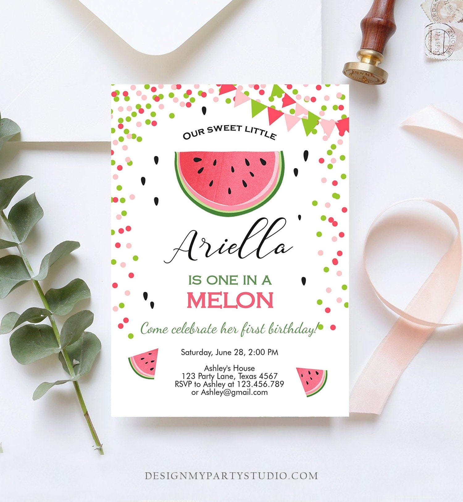 Editable One in a Melon Birthday Invitation Watermelon Invite Melon Party Summer Fruit Girl Download Printable Template Digital Corjl 0093