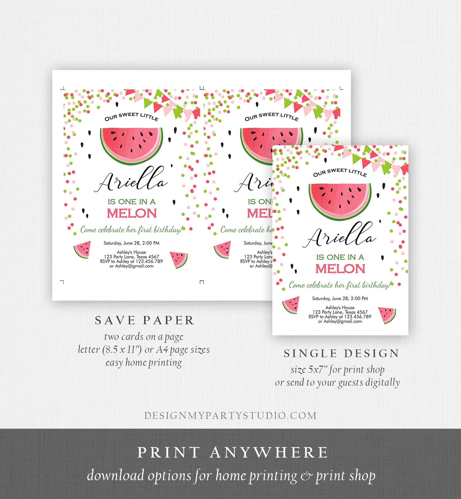 Editable One in a Melon Birthday Invitation Watermelon Invite Melon Party Summer Fruit Girl Download Printable Template Digital Corjl 0093