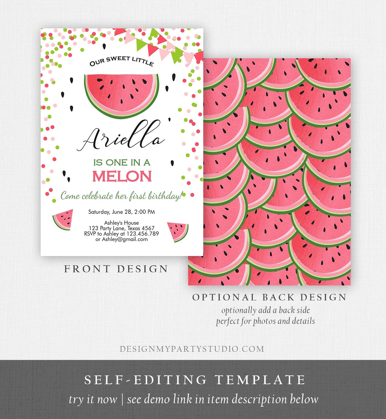 Editable One in a Melon Birthday Invitation Watermelon Invite Melon Party Summer Fruit Girl Download Printable Template Digital Corjl 0093