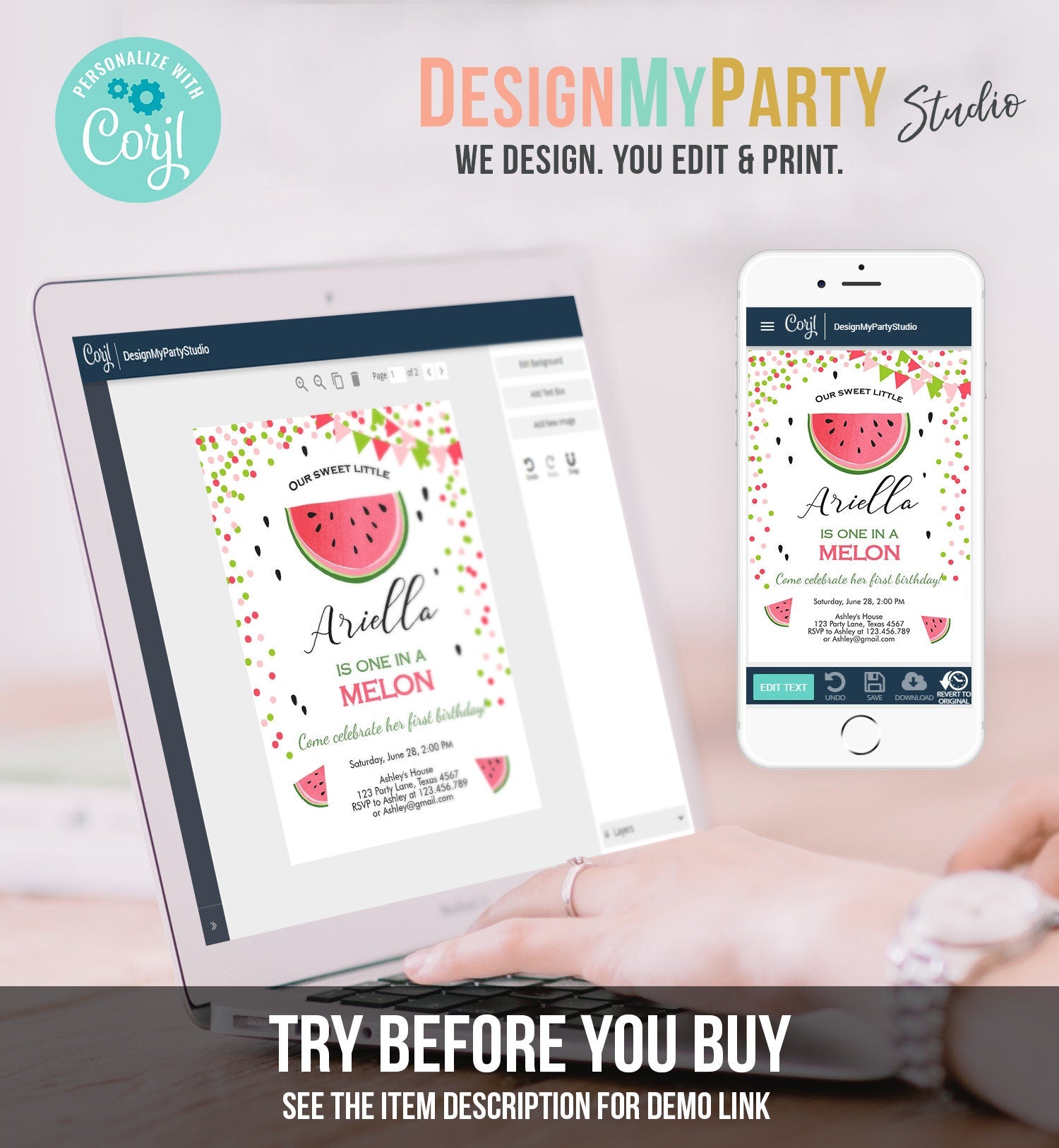 Editable One in a Melon Birthday Invitation Watermelon Invite Melon Party Summer Fruit Girl Download Printable Template Digital Corjl 0093