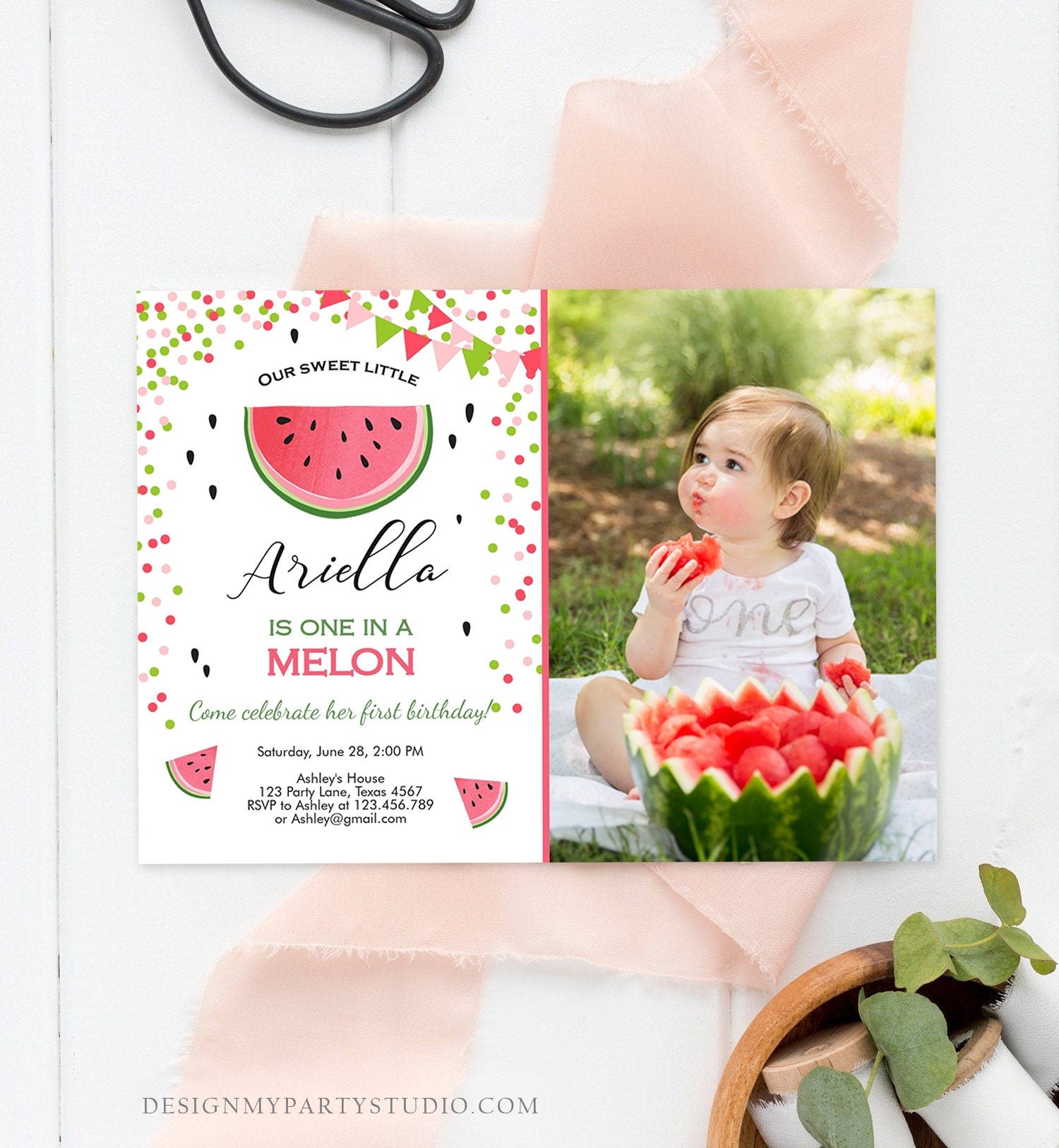 Editable One in a Melon Birthday Invitation Watermelon Invite Melon Party Summer Fruit Girl Download Printable Template Digital Corjl 0093