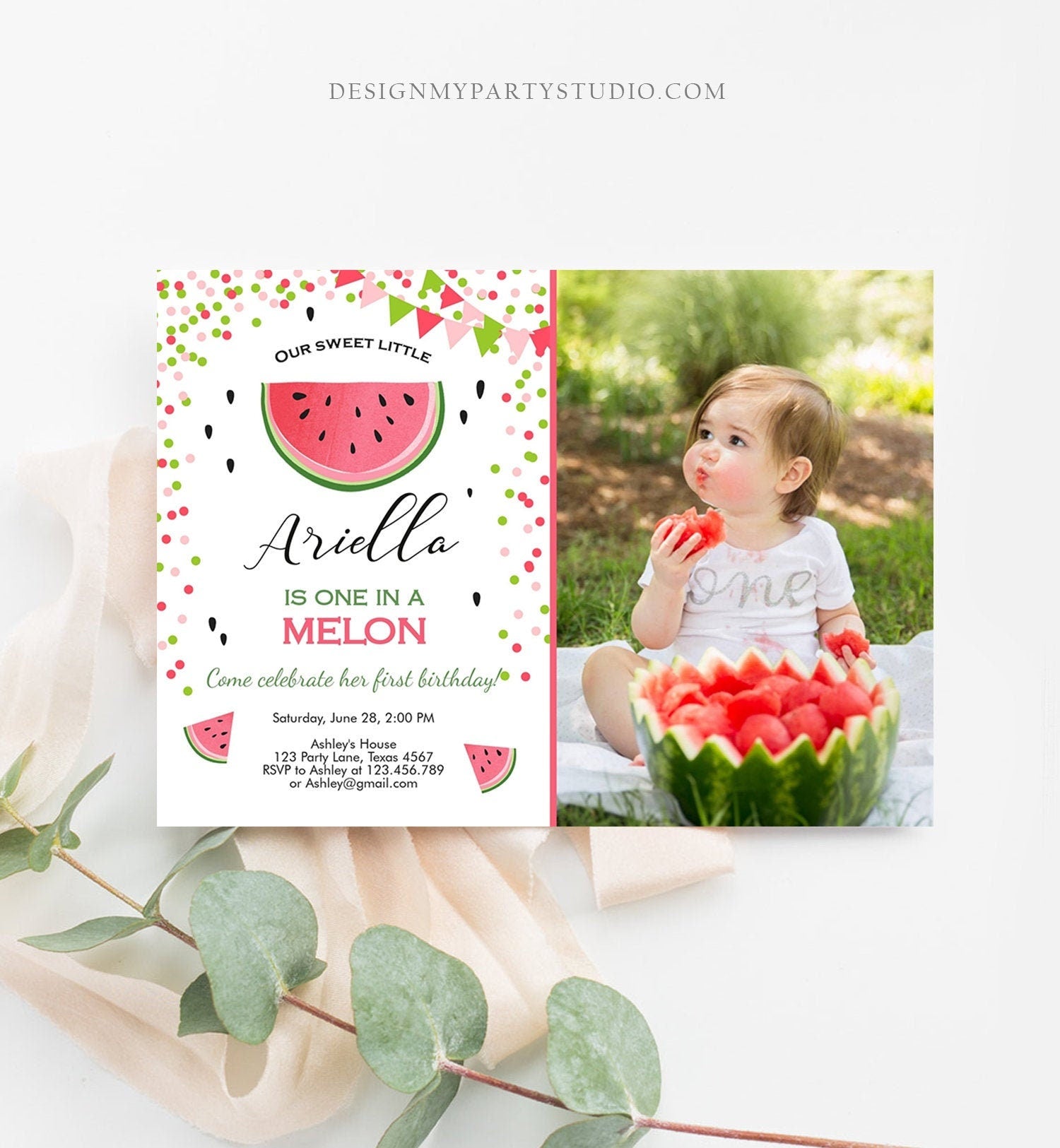 Editable One in a Melon Birthday Invitation Watermelon Invite Melon Party Summer Fruit Girl Download Printable Template Digital Corjl 0093