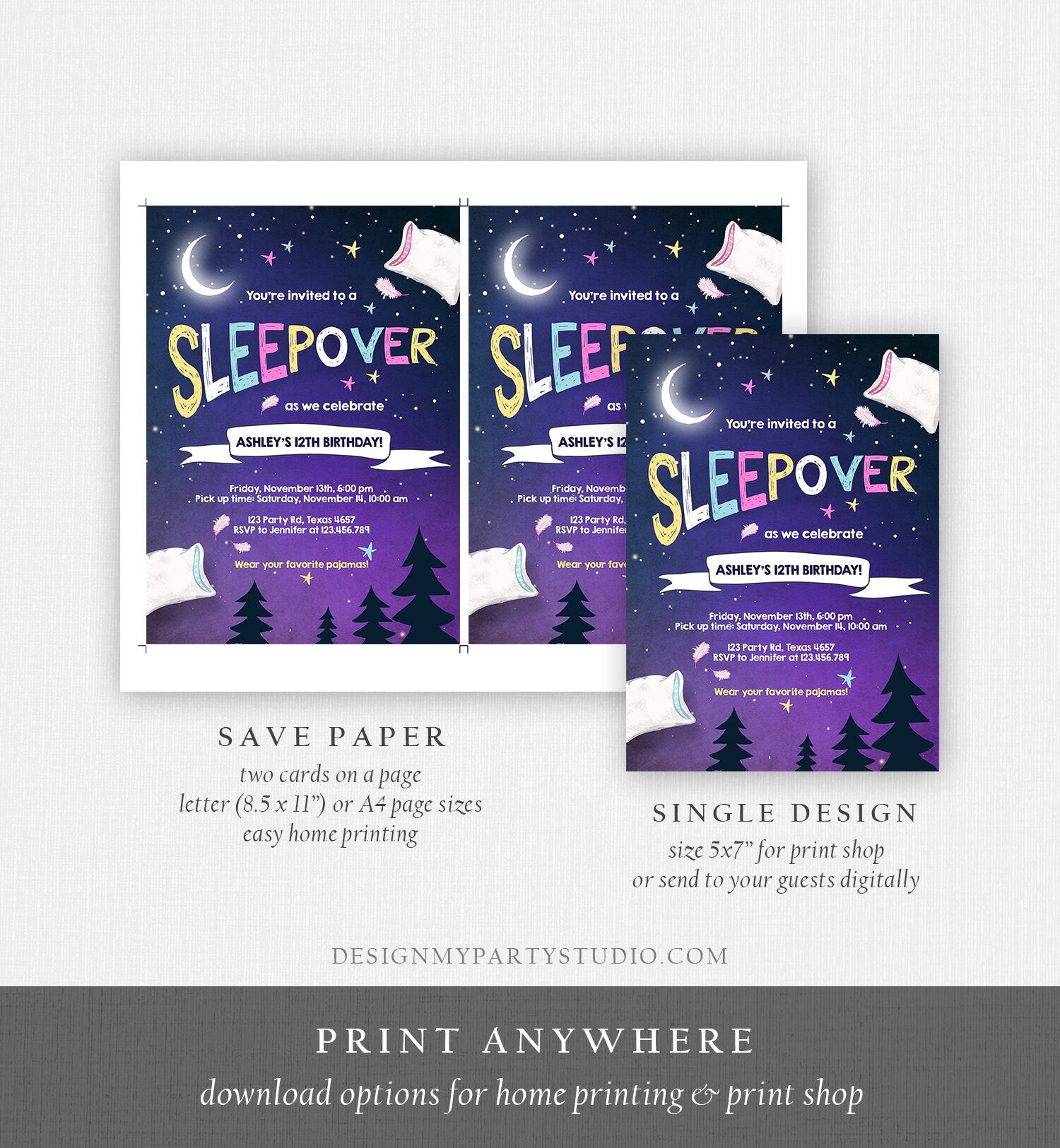 Editable Sleepover Birthday Invitation Pajamas Slumber Party Invite Pillow Fight Girl Purple Download Printable Template Corjl Digital 0209