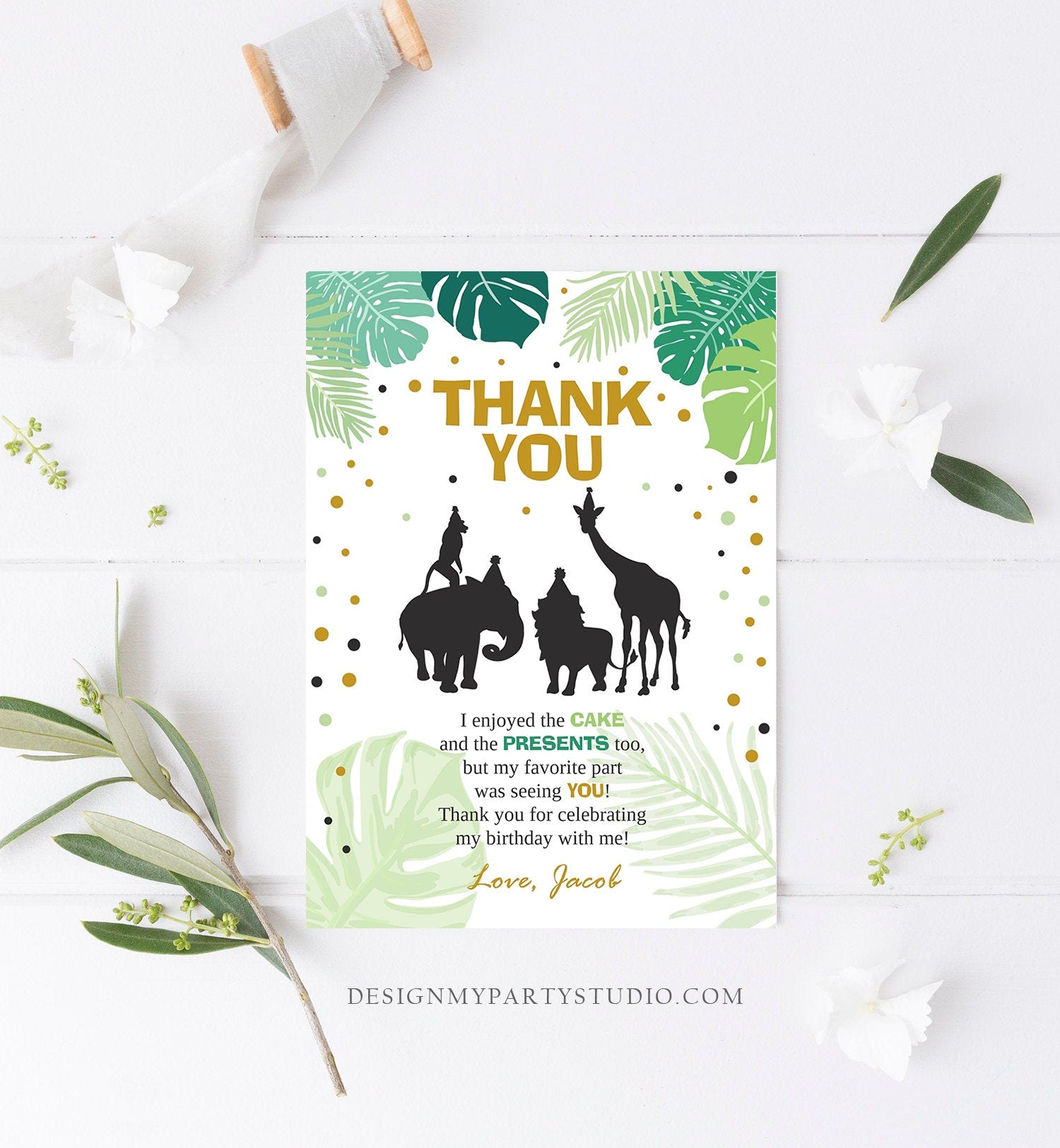 Editable Safari Animals Thank You Card Wild One Thank You Note Black Gold Boy Jungle Zoo Animals Printable Corjl Template Digital 0016