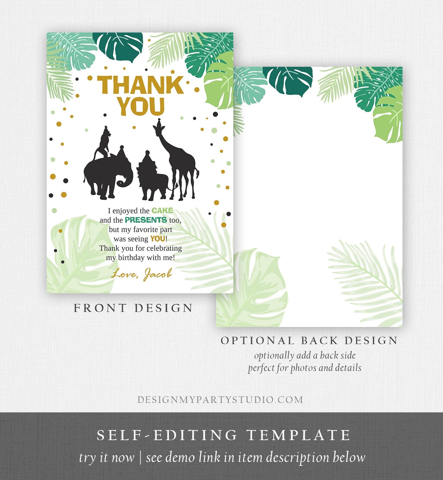 Editable Safari Animals Thank You Card Wild One Thank You Note Black Gold Boy Jungle Zoo Animals Printable Corjl Template Digital 0016