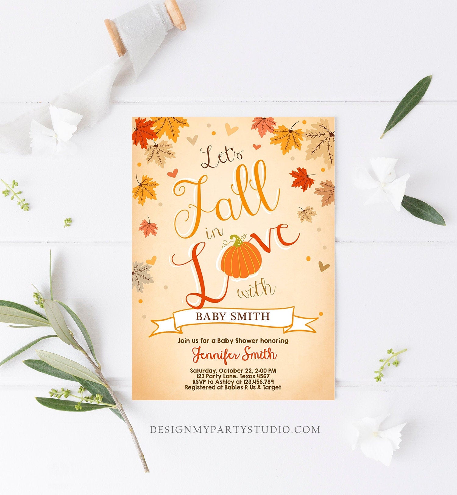 Editable Fall in Love Baby Shower Invitation Little Pumpkin Falling in Love Autumn Leaves Digital Download Printable Corjl Template 0077