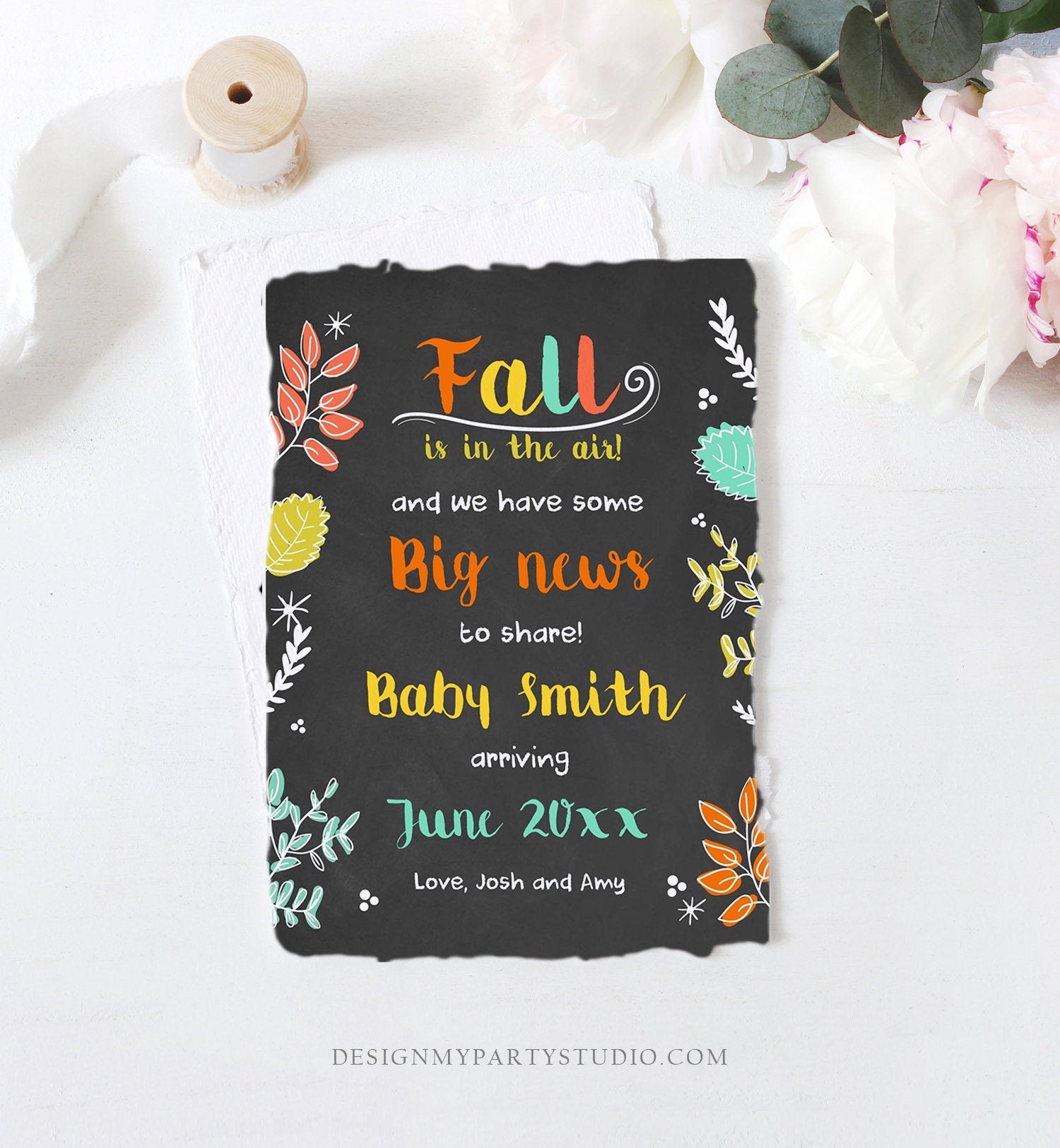 Editable Fall Pregnancy Announcement Autumn Fall is in the Air Thanksgiving We're Expecting a Baby On the Way Corjl Template Printable