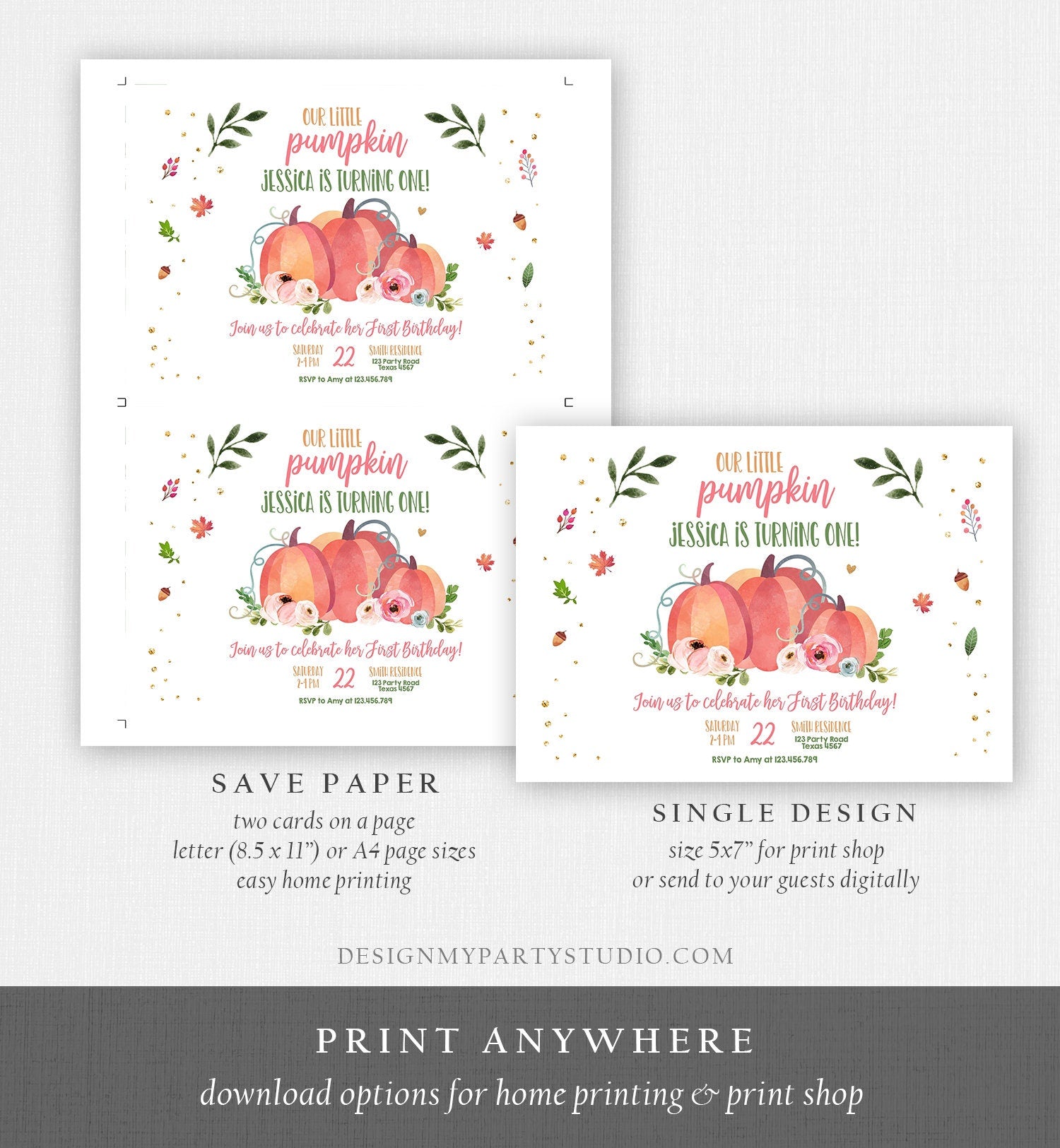 Editable Little Pumpkin Birthday Invitation First Birthday Girl Pink Pumpkin Patch Autumn Fall Party Rustic Printable Corjl Template 0151