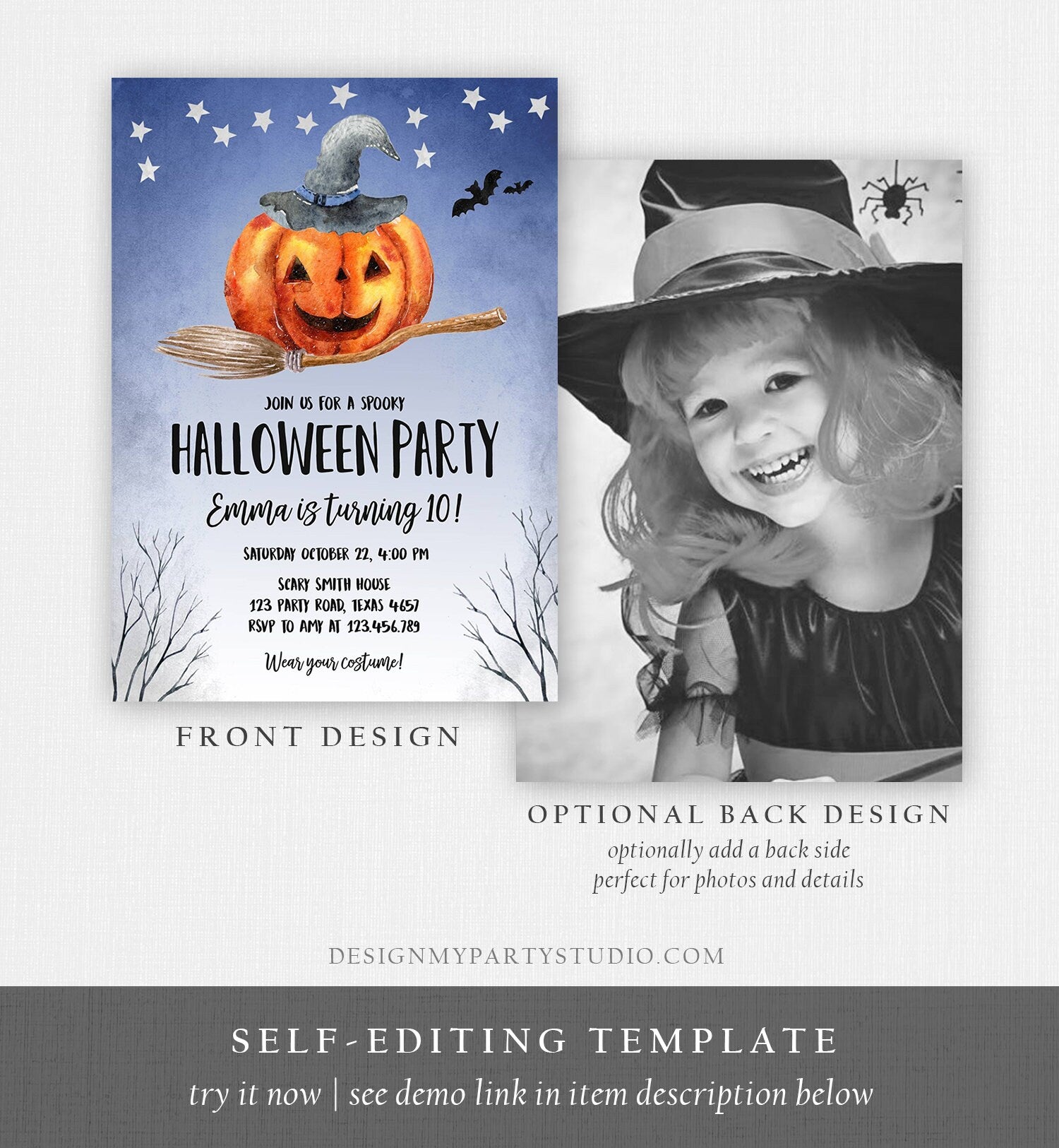 Editable Halloween Birthday Invitation Pumpkin Witch Hat Broom Costume Party Girl Blue Trick or Treat Download Corjl Template Printable 0187