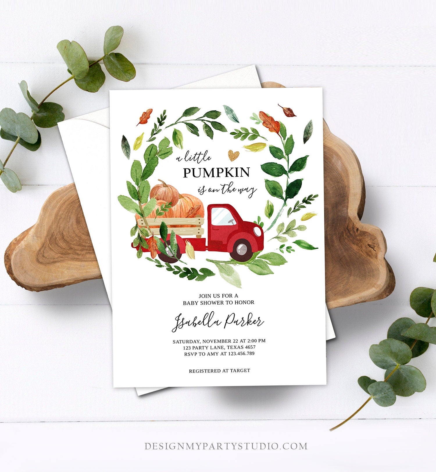 Editable Little Pumpkin Baby Shower Invitation Fall Pumpkin Truck Baby Shower Rustic Gender Neutral Download Printable Digital Corjl 0154