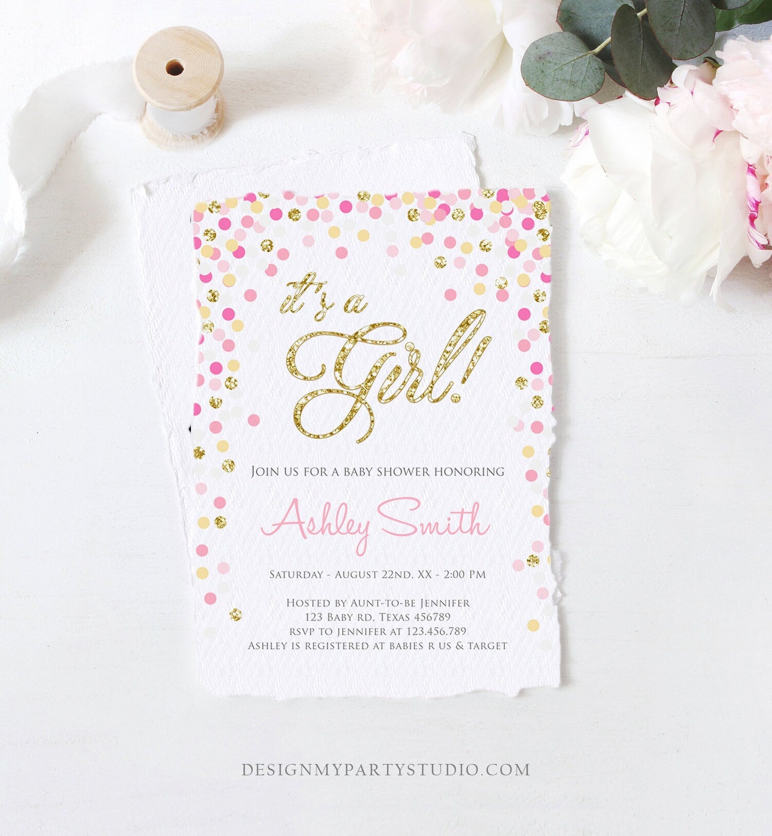 Editable Confetti Baby Shower Invitation Confetti It's a Girl Pink Gold Glitter Baby Sprinkle Download Corjl Template Printable 0133