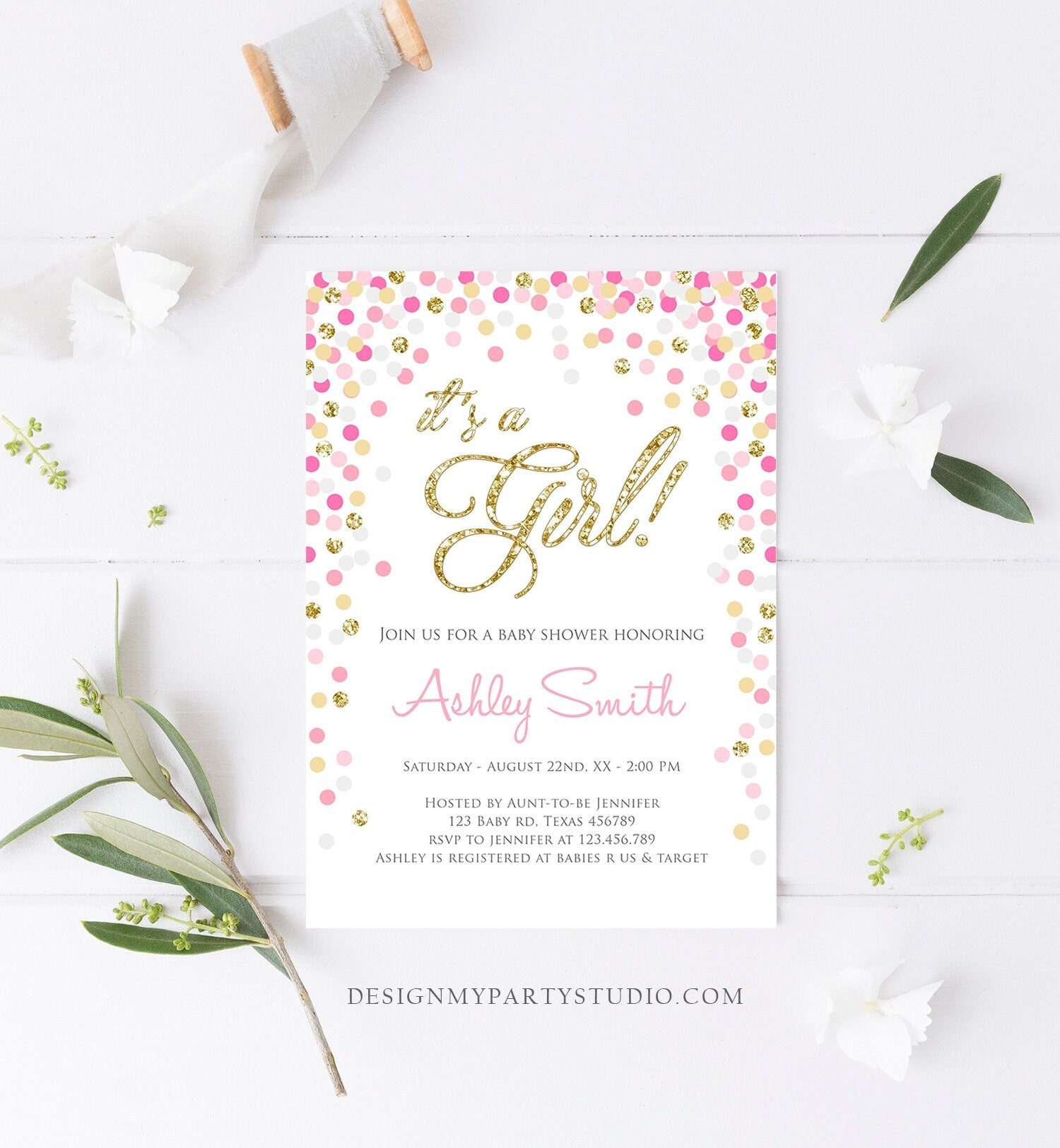 Editable Confetti Baby Shower Invitation Confetti It's a Girl Pink Gold Glitter Baby Sprinkle Download Corjl Template Printable 0133