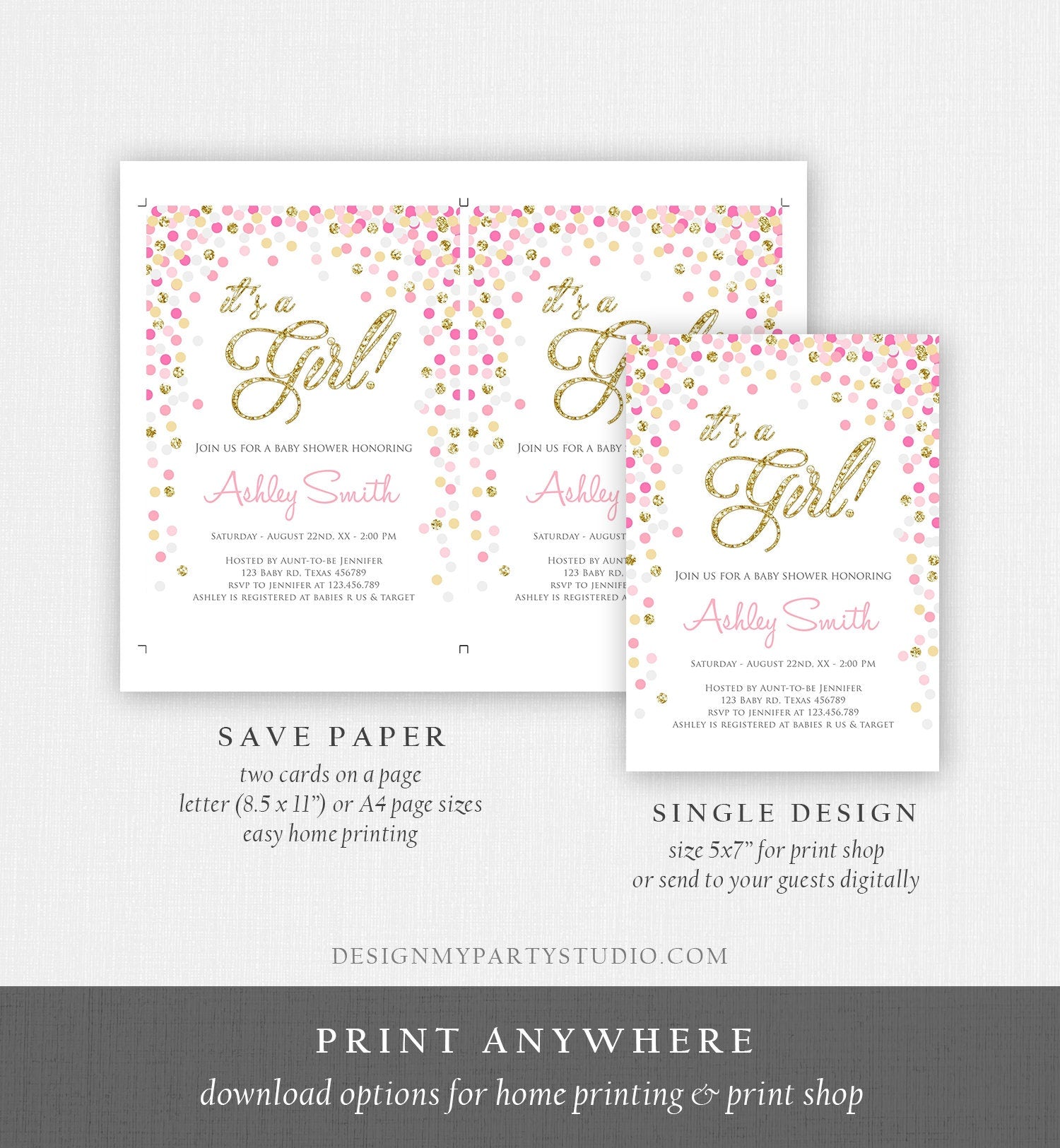 Editable Confetti Baby Shower Invitation Confetti It's a Girl Pink Gold Glitter Baby Sprinkle Download Corjl Template Printable 0133