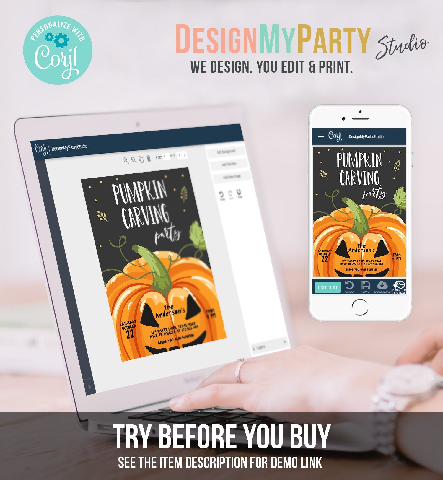 Editable Pumpkin Carving Party Invitation Fall Party Autumn Party Halloween Carving Invitation Self Editing Printable Template Corjl 0175