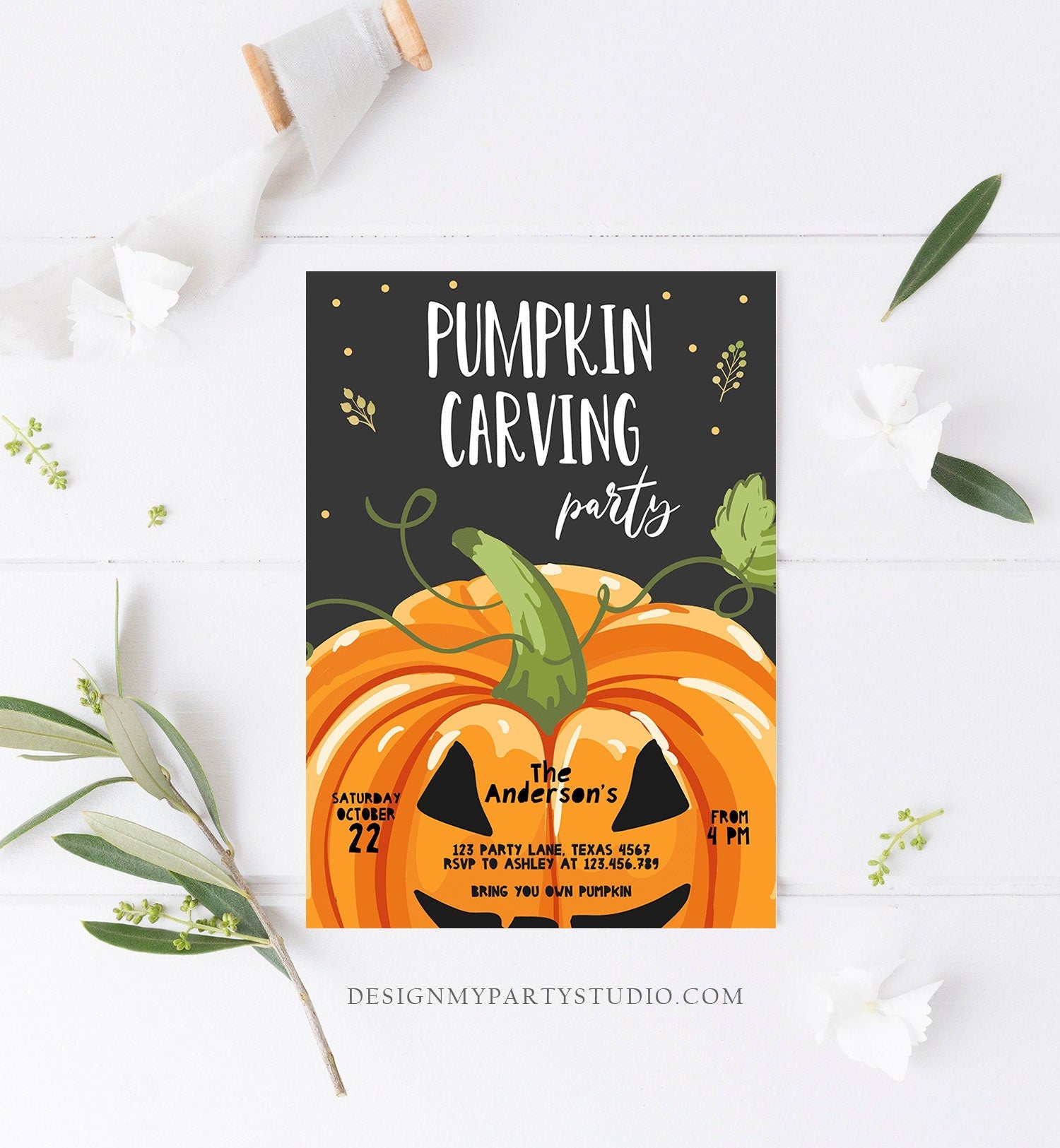 Editable Pumpkin Carving Party Invitation Fall Party Autumn Party Halloween Carving Invitation Self Editing Printable Template Corjl 0175