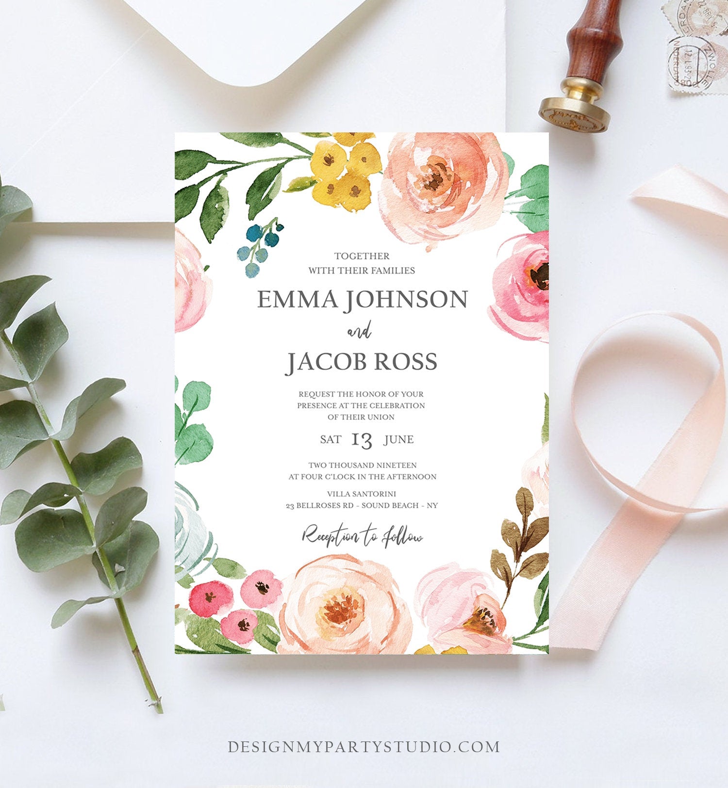 Editable Floral Wedding Invitation Bohemian Pink Floral Greenery Botanical Flowers Boho Vintage Download Corjl Template Printable 0166