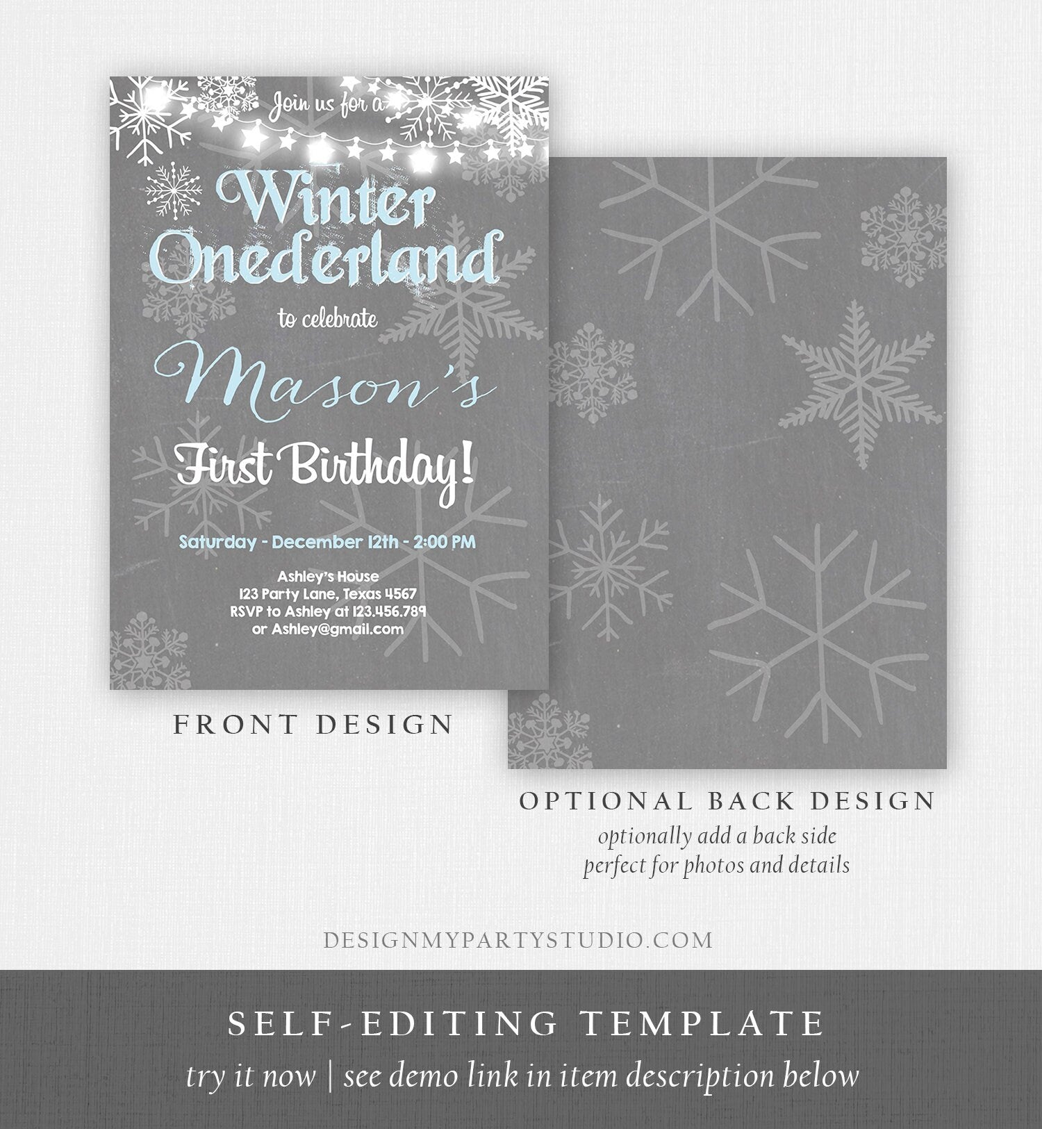 Editable Winter ONEderland Birthday Invitation First Birthday Snowflake Boy Blue Lights Download Printable Invitation Template Corjl 0027