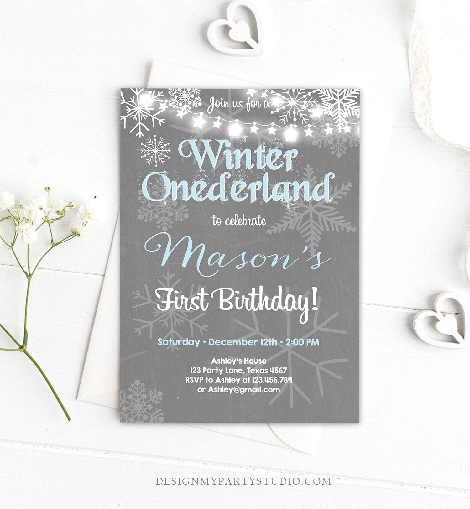 Editable Winter ONEderland Birthday Invitation First Birthday Snowflake Boy Blue Lights Download Printable Invitation Template Corjl 0027