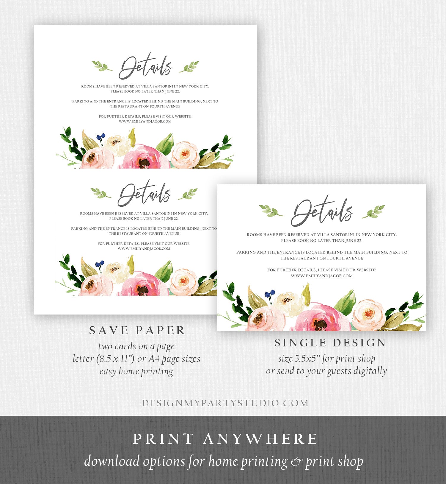 Editable Floral Details Card Wedding Bridal Shower Greenery Boho Information Card Enclosure Card Insert Card Corjl Template Printable 0166