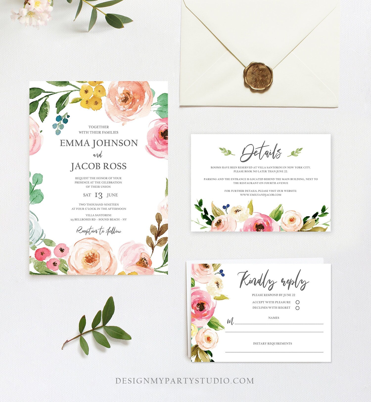 Editable Floral Wedding Invitation Suite Set Bohemian Flowers Botanical Watercolor Pink Floral Wreath Download Corjl Template Printable 0166