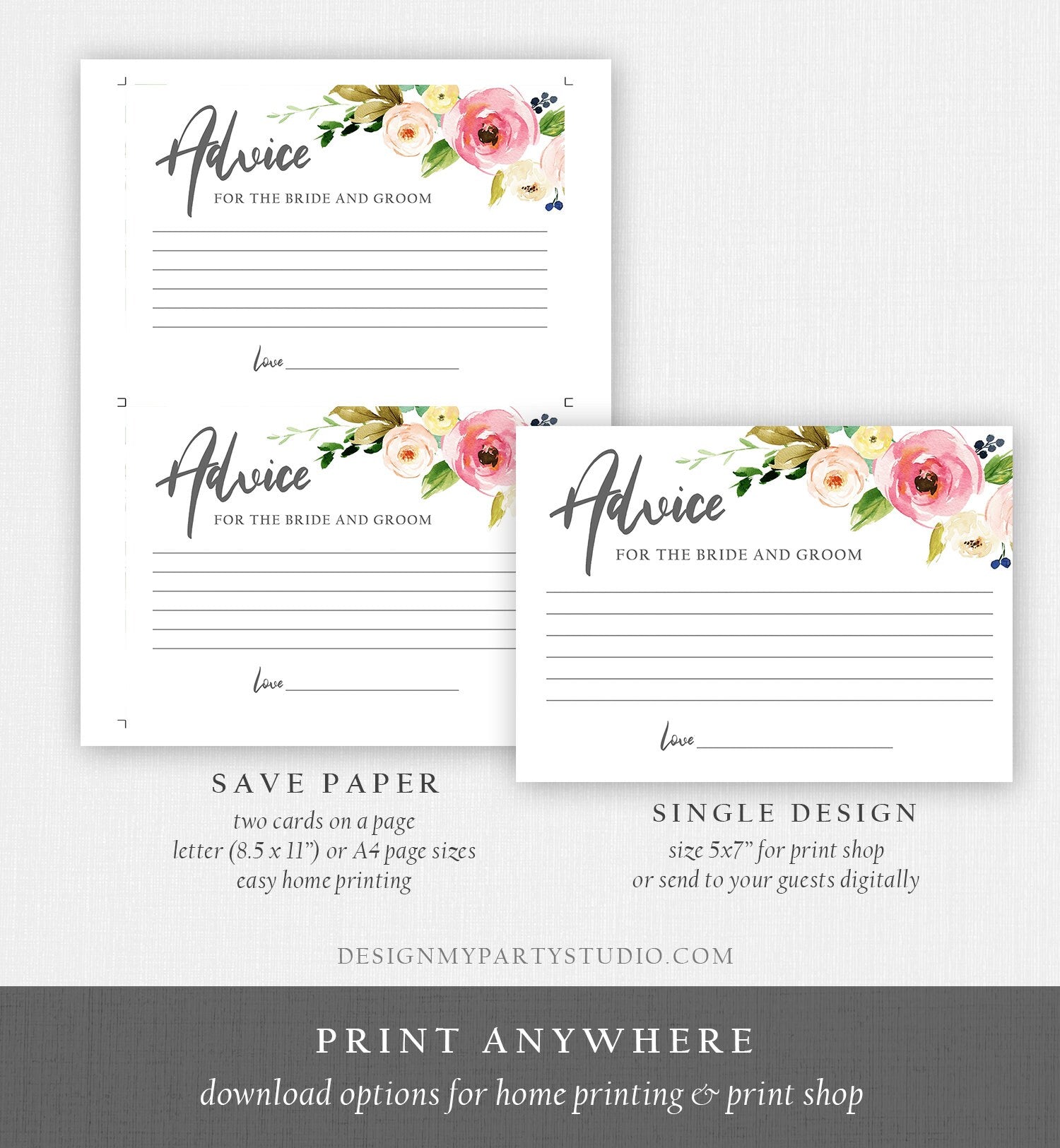 Editable Advice for the Bride-to-Be Card Bridal Shower Words of Wisdom Advice for Bride Bohemian Floral Flowers Pink Corjl Template 0044