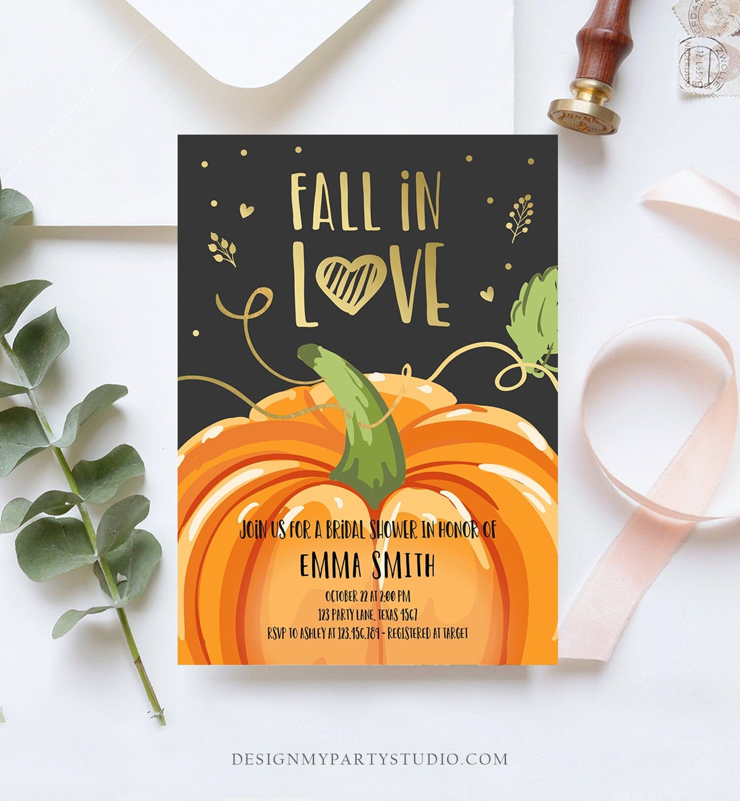 Editable Fall in Love Bridal Shower Invitation Autumn Gold Pumpkin Elegant Fall Baby Shower Instant Download Corjl Template Printable 0175