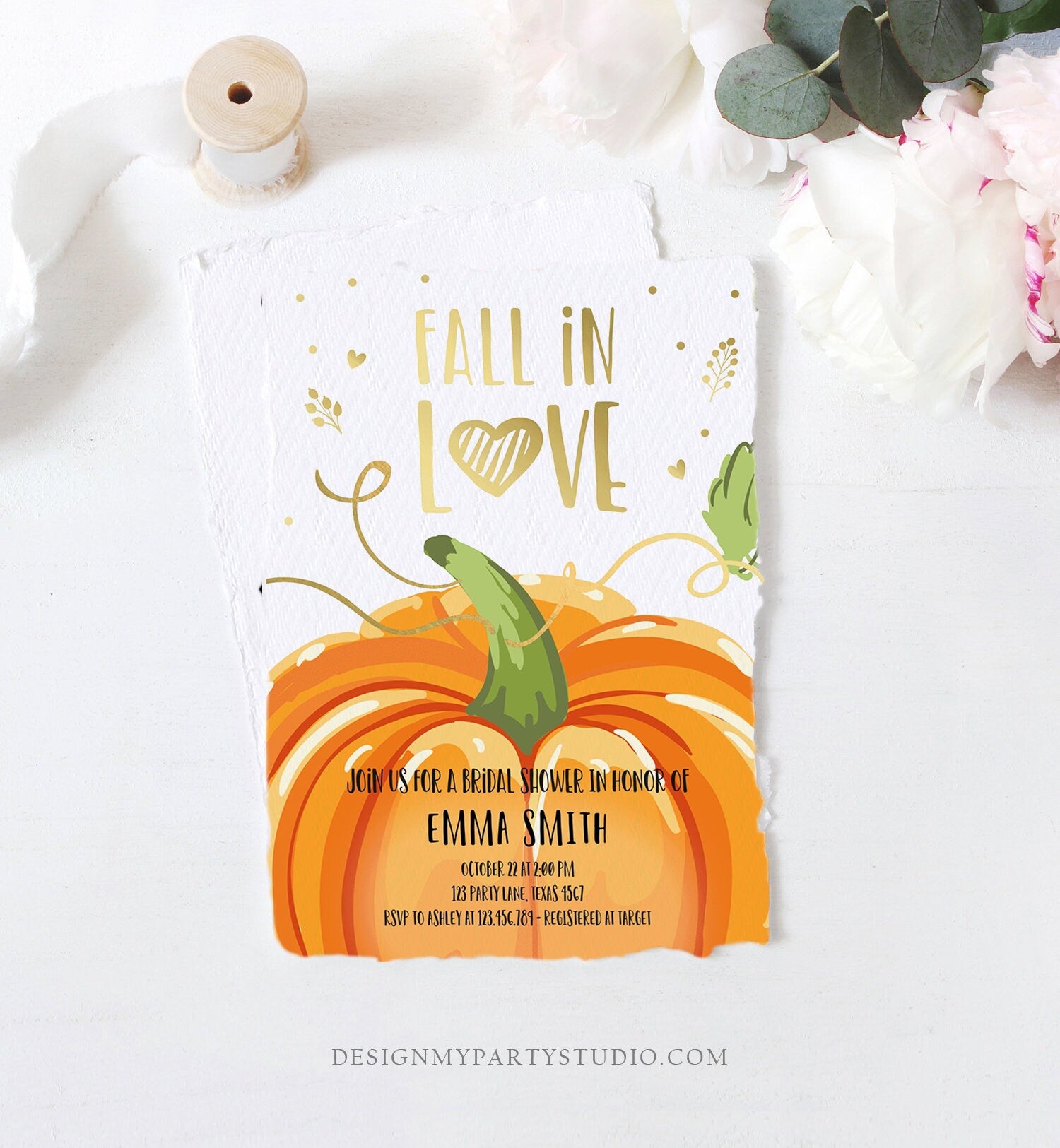 Editable Fall in Love Bridal Shower Invitation Autumn Gold Pumpkin Elegant Fall Baby Shower Instant Download Corjl Template Printable 0175