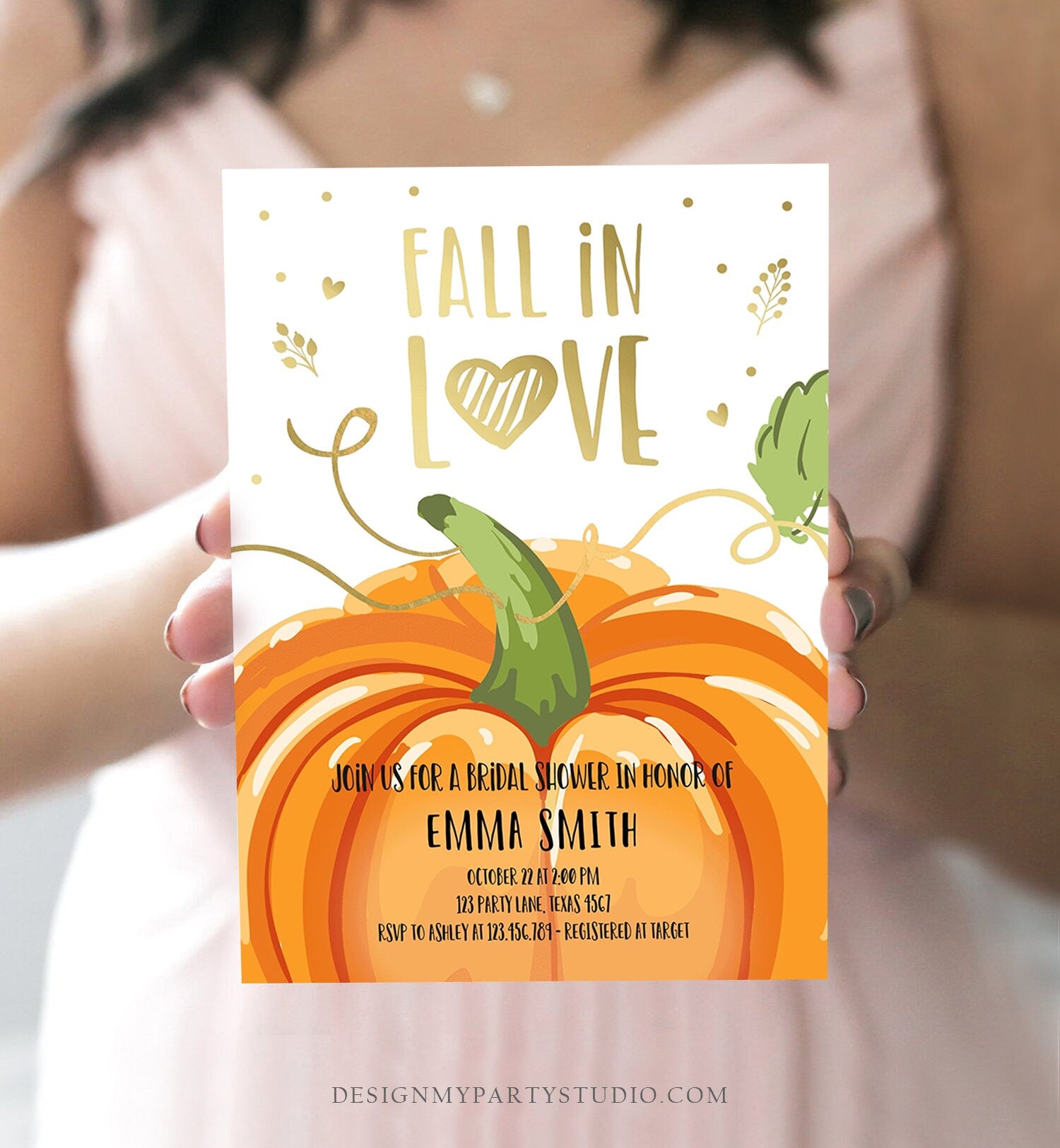 Editable Fall in Love Bridal Shower Invitation Autumn Gold Pumpkin Elegant Fall Baby Shower Instant Download Corjl Template Printable 0175