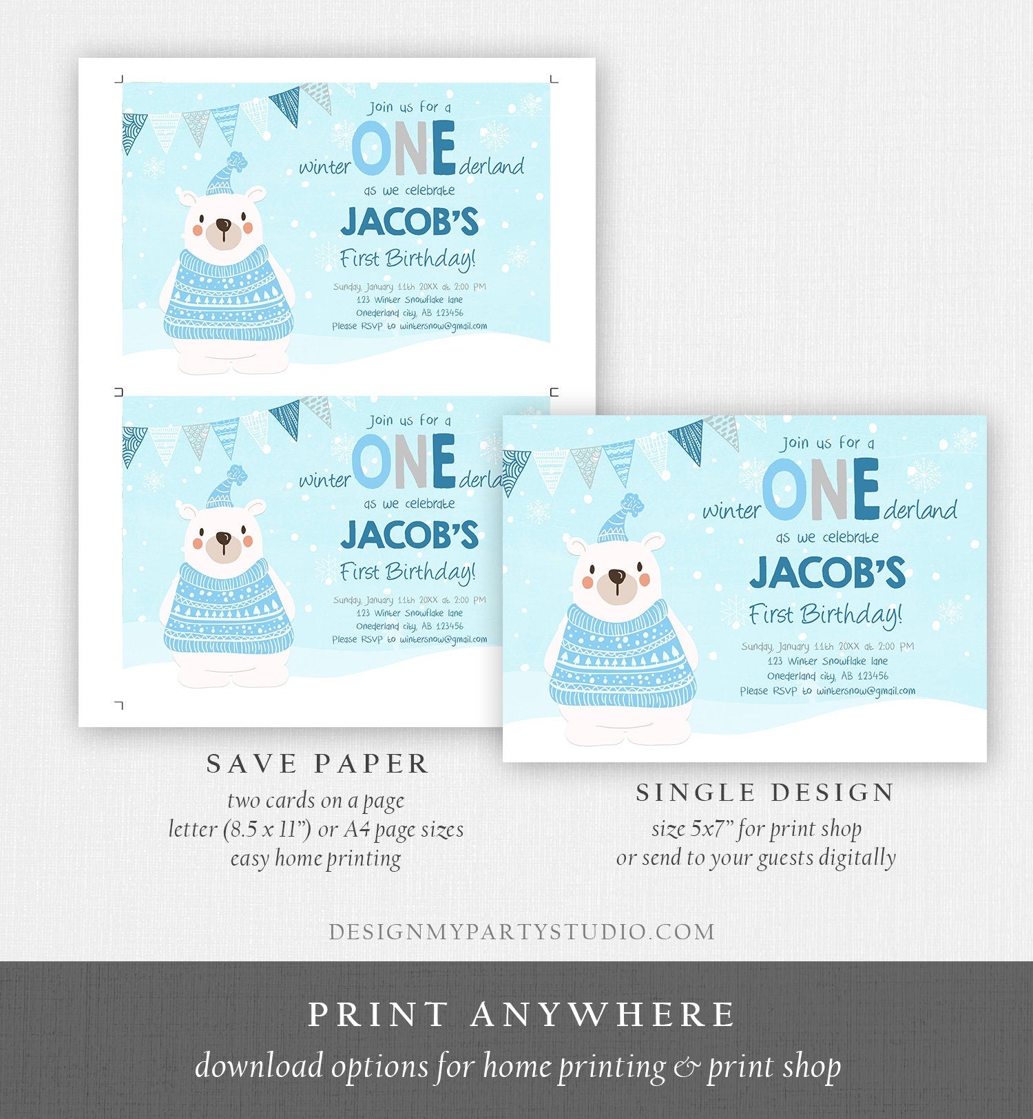 Editable Winter ONEderland Birthday Invitation 1st Birthday Boy Girl Polar Bear Blue Woodland Download Printable Invite Template Corjl 0022