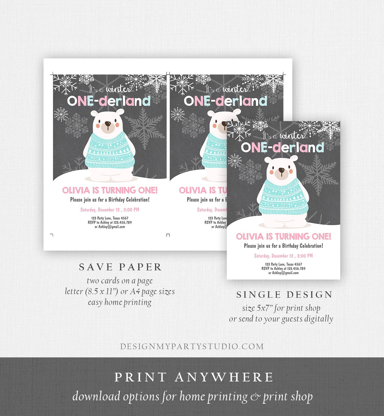 Editable Winter ONEderland Birthday Invitation 1st Birthday Girl Polar Bear Pink Download Printable Invitation Template Corjl 0022