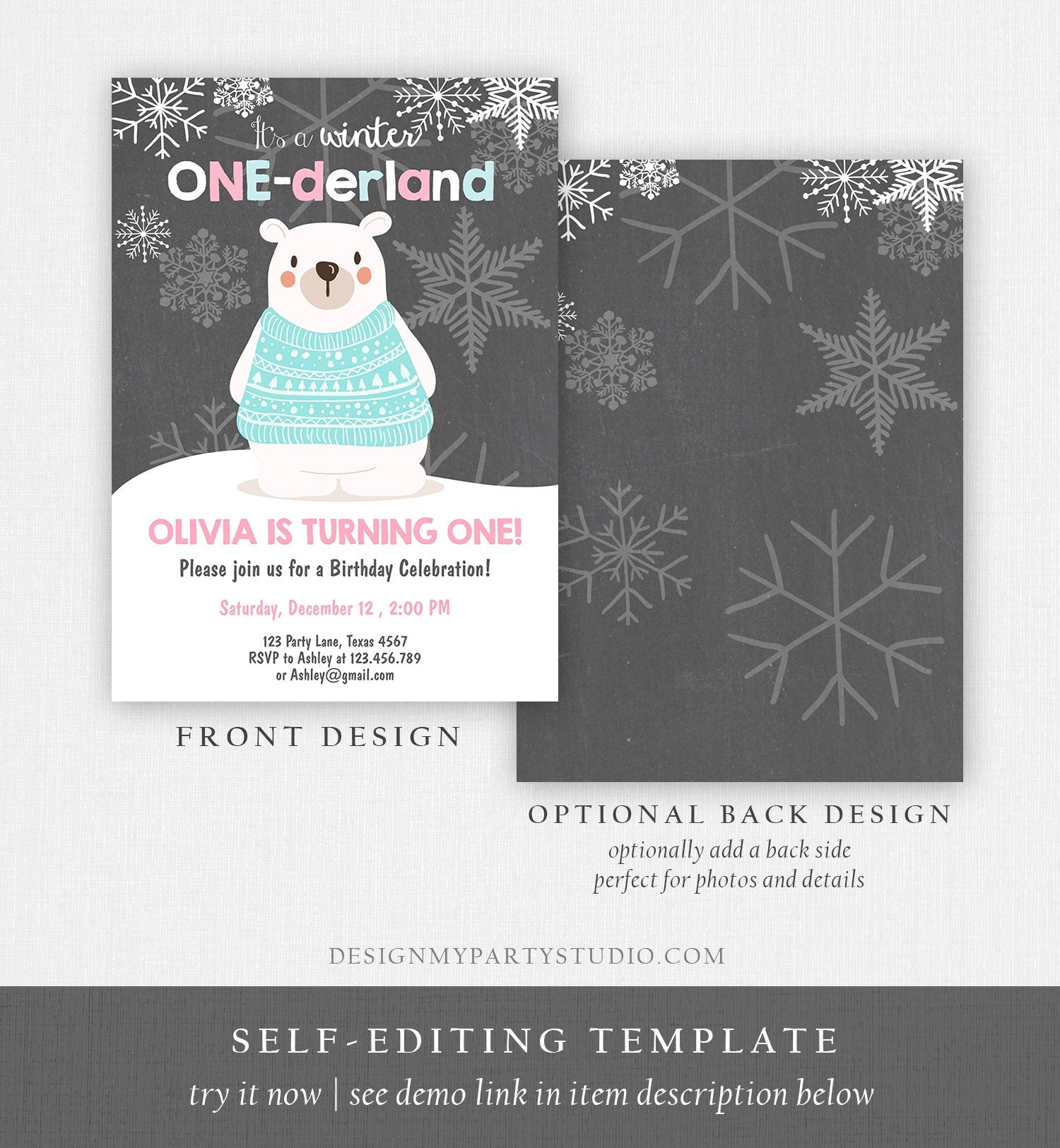 Editable Winter ONEderland Birthday Invitation 1st Birthday Girl Polar Bear Pink Download Printable Invitation Template Corjl 0022