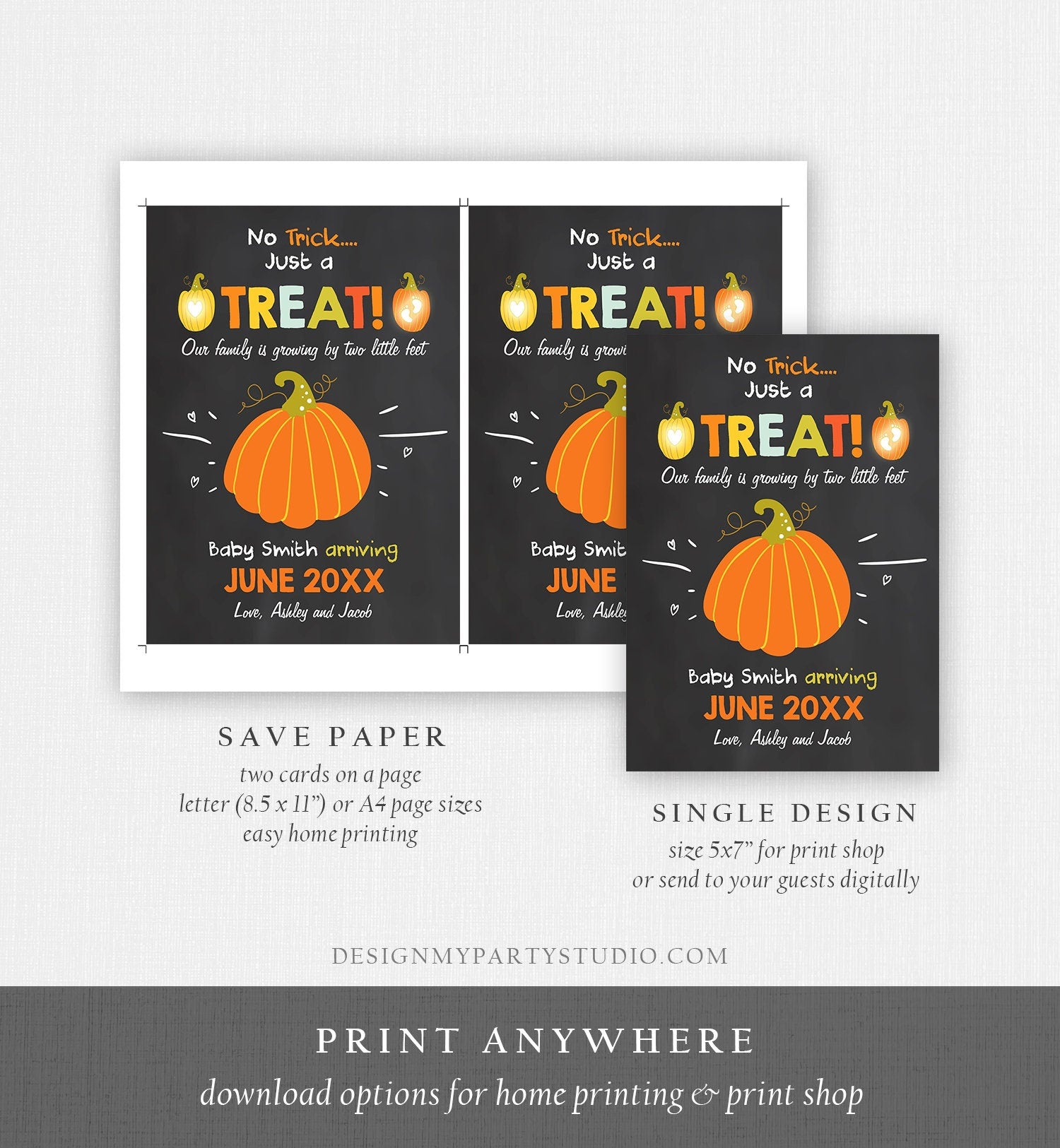 Editable Pumpkin Pregnancy Announcement Halloween Trick or Treat Little Feet Thanksgiving Fall Autumn Download Corjl Template Printable 0312