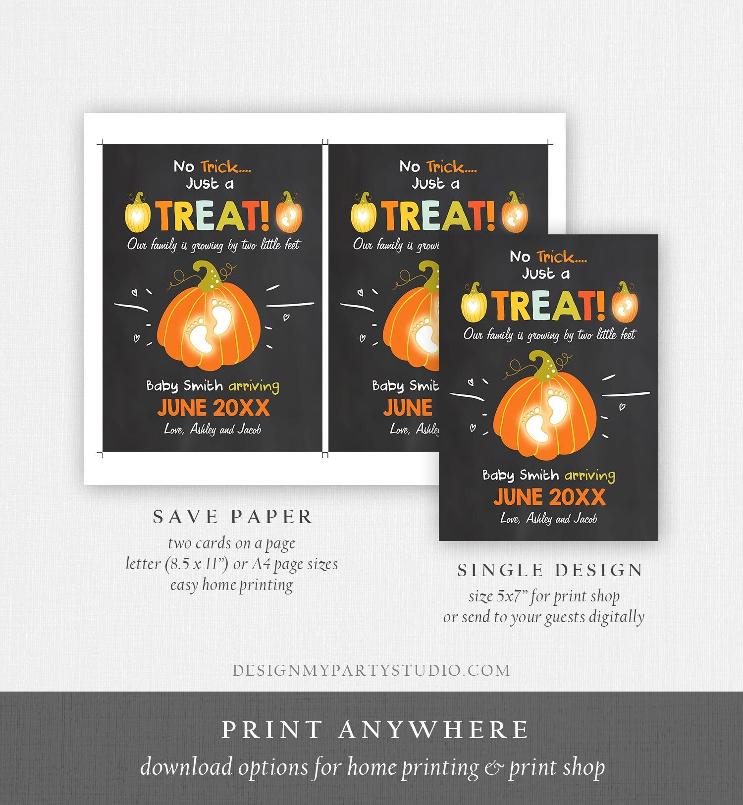 Editable Pumpkin Pregnancy Announcement Halloween Trick or Treat Little Feet Thanksgiving Fall Autumn Download Corjl Template Printable 0312