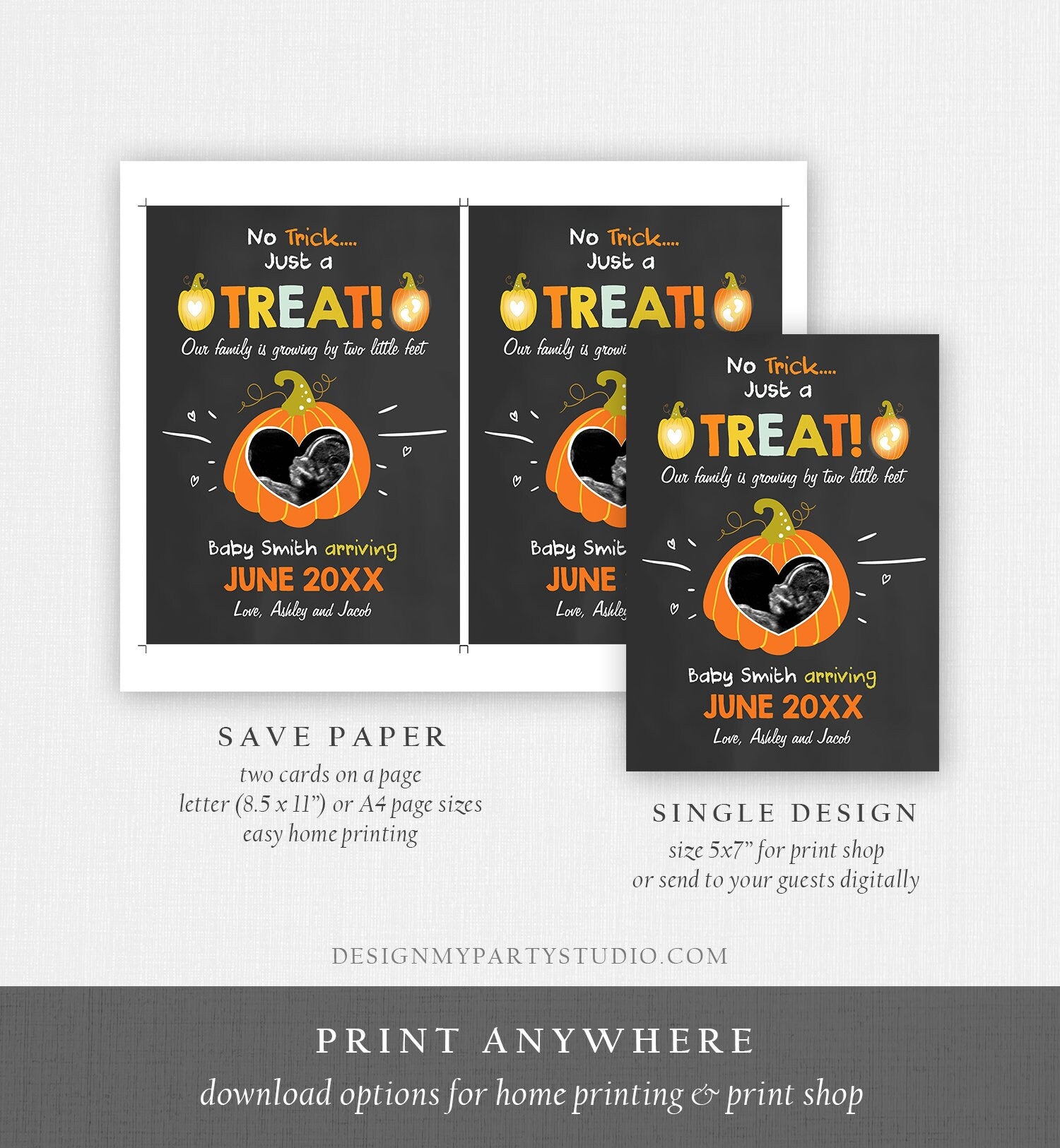 Editable Pumpkin Pregnancy Announcement Ultrasound Echo Halloween Trick or Treat Little Feet Thanksgiving Fall Autumn Corjl Template 0312