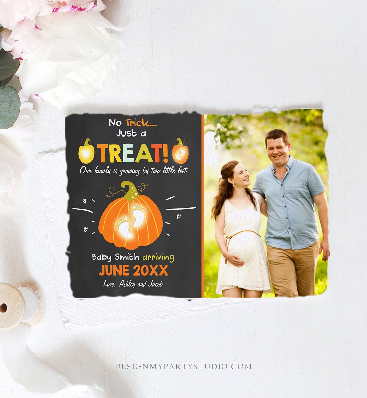 Editable Pumpkin Pregnancy Announcement Halloween Trick or Treat Little Feet Thanksgiving Fall Autumn Download Corjl Template Printable 0312