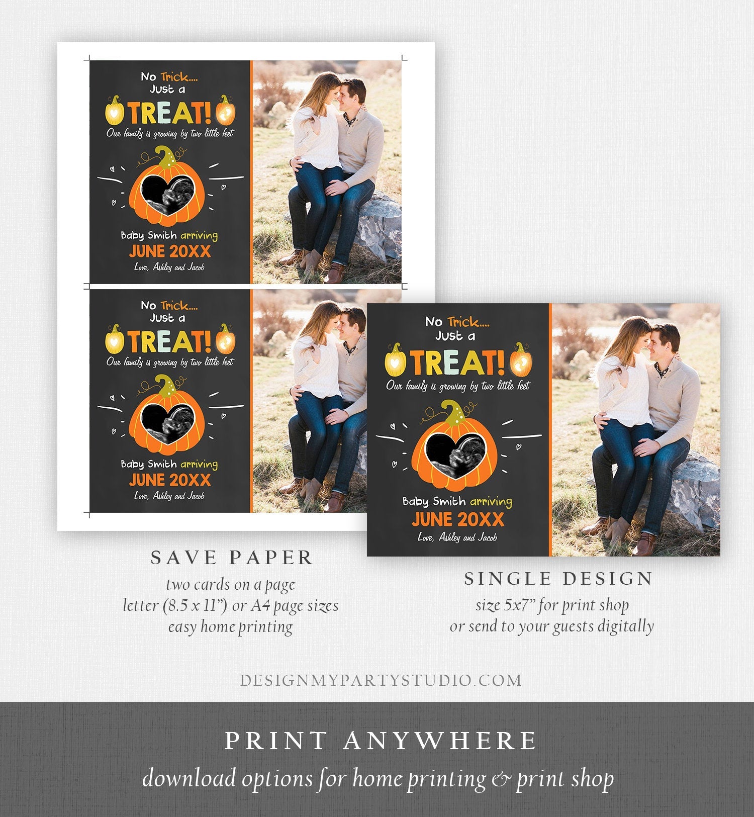 Editable Pumpkin Pregnancy Announcement Halloween Trick or Treat Little Feet Thanksgiving Fall Autumn Ultrasound Photo Corjl Template 0312