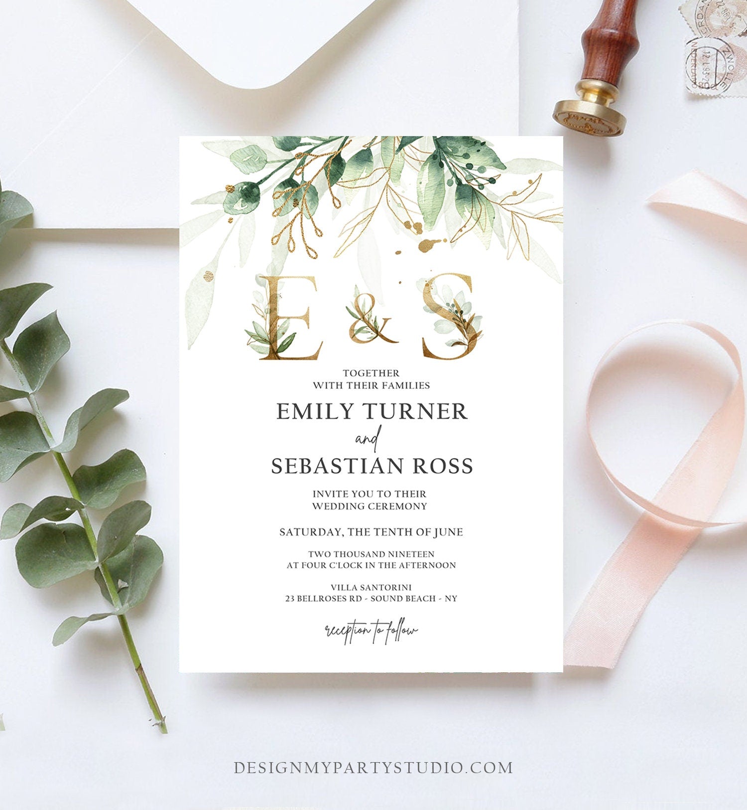 Editable Gold Greenery Monogram Wedding Invitation Bohemian Pink Green Floral Gold Leaves Botanical Flowers Corjl Template Printable 0168