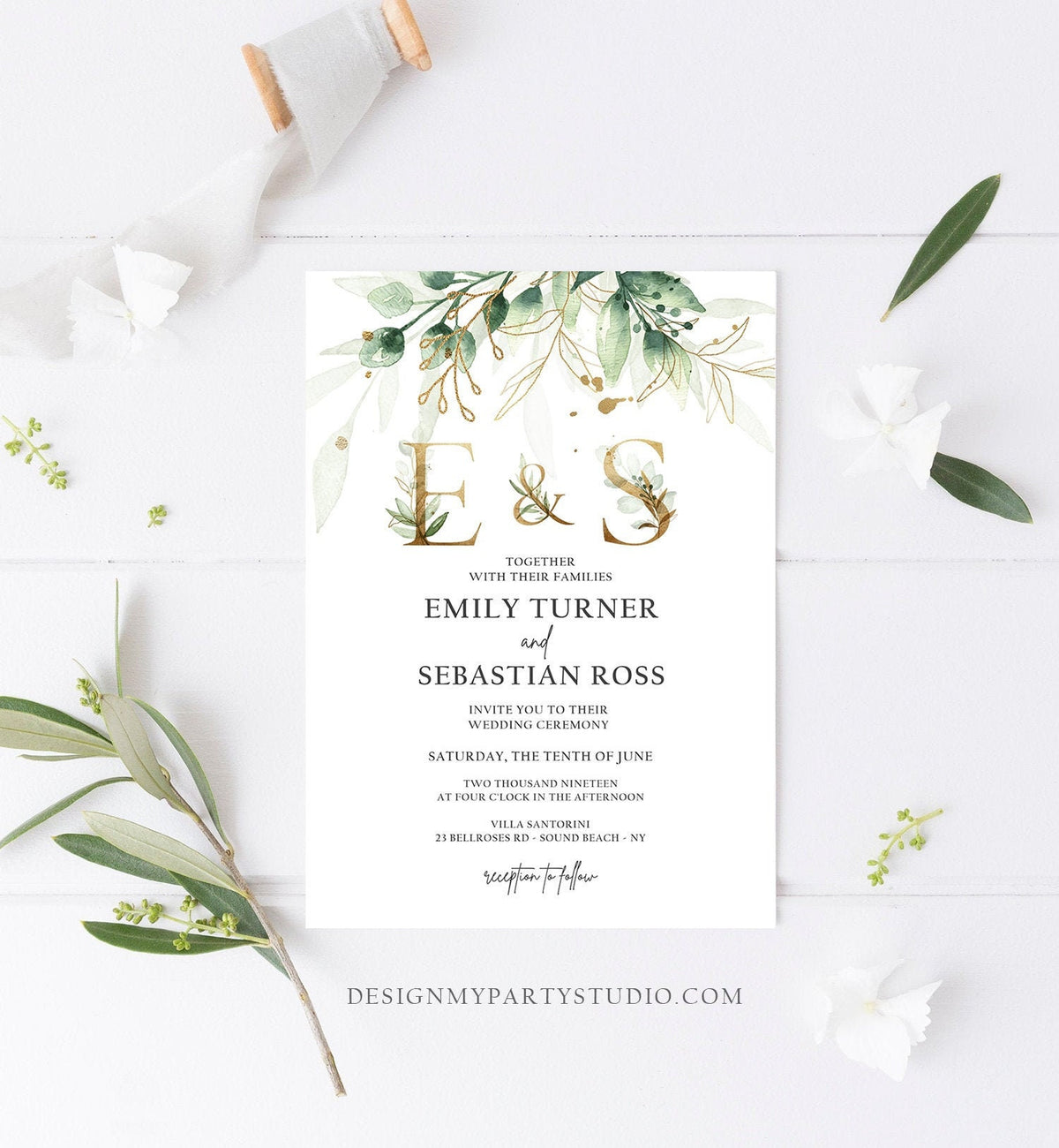 Editable Gold Greenery Monogram Wedding Invitation Bohemian Pink Green Floral Gold Leaves Botanical Flowers Corjl Template Printable 0168