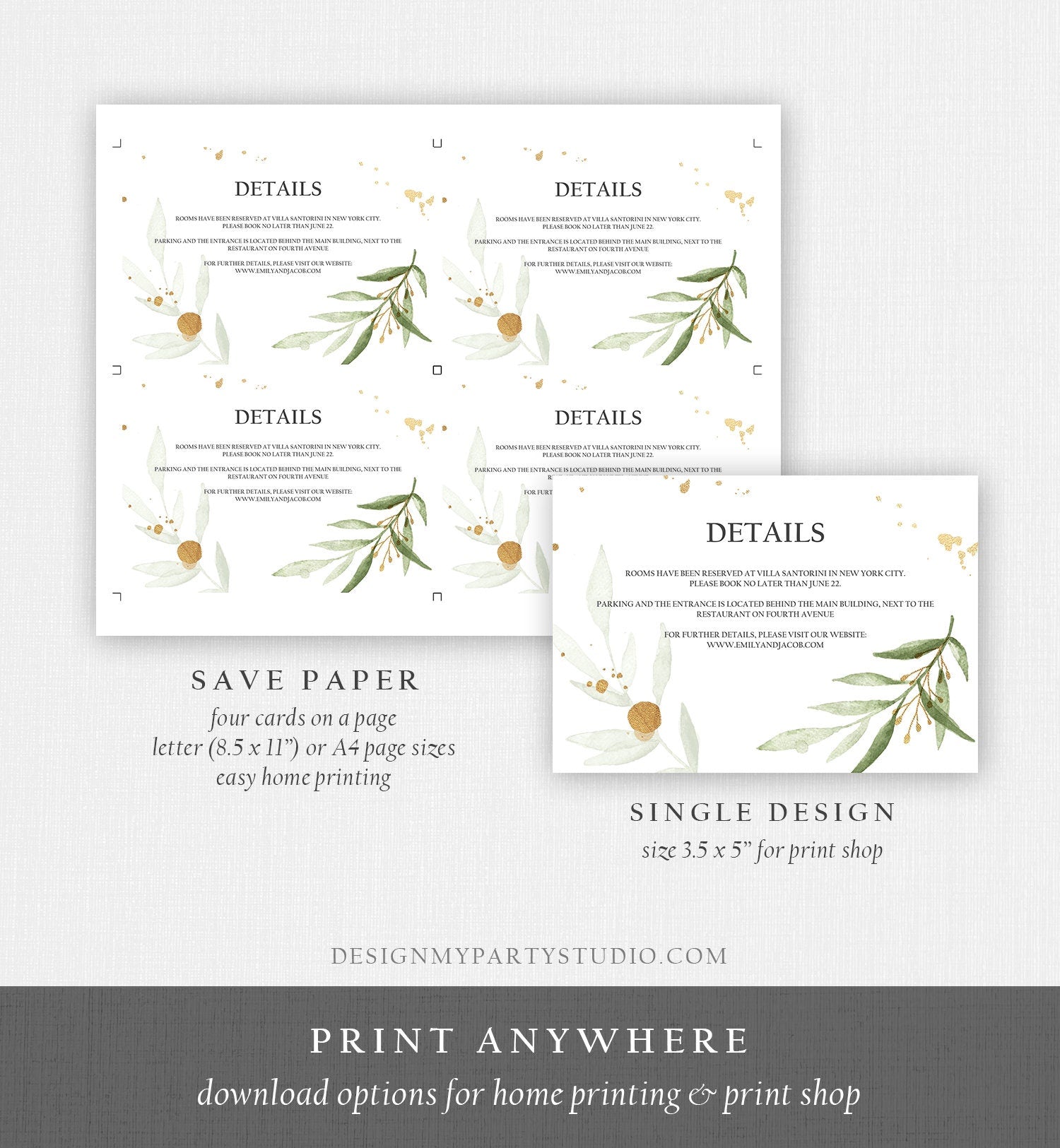 Editable Gold Greenery Wedding Invitation Suite Set Watercolor Boho Gold Leaves Botanical Bohemian Monogram Digital Corjl Printable 0168