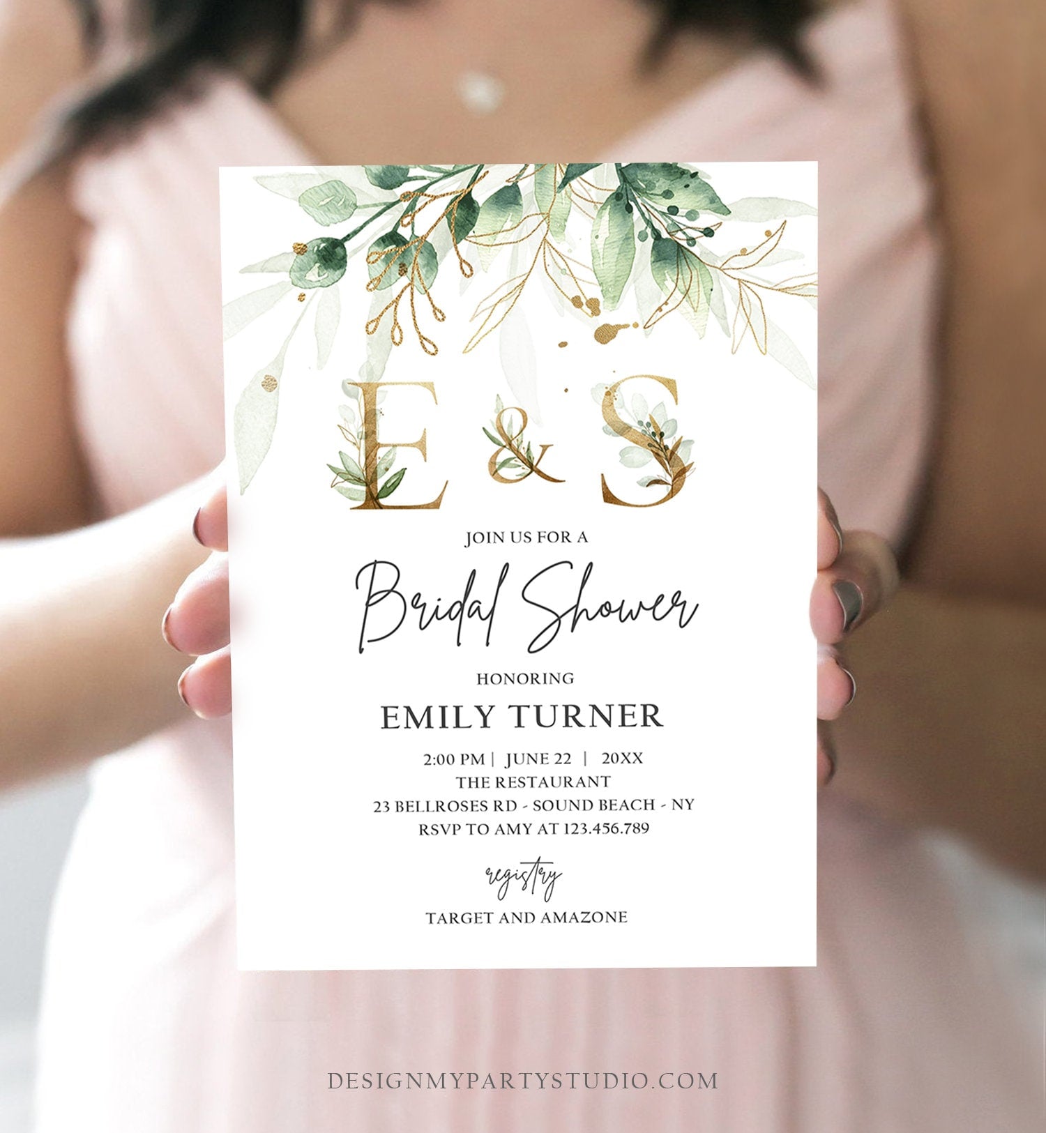 Editable Gold Greenery Monogram Bridal Shower Invitation Bohemian Green Floral Gold Leaves Botanical Flowers Corjl Template Printable 0168