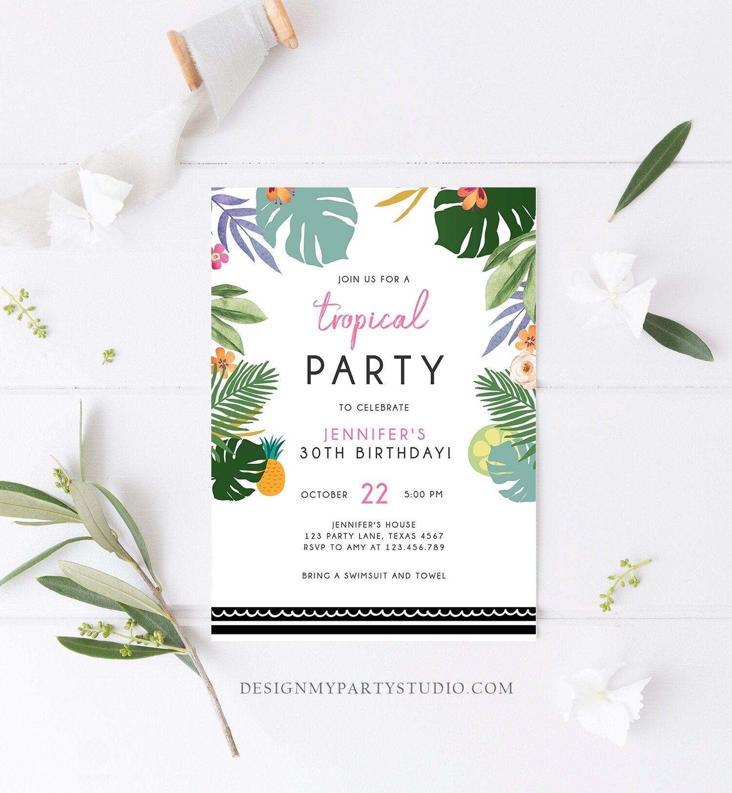 Editable Tropical Birthday Invitation Tropical Party Adult 30th 40th Birthday Pink Woman Palm Leaves Hawaiian Printable Template Corjl 0183