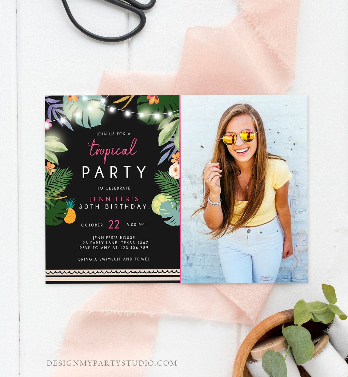 Editable Tropical Birthday Invitation Tropical Party Adult 30th 40th Birthday Pink Woman Palm Leaves Hawaiian Printable Template Corjl 0183