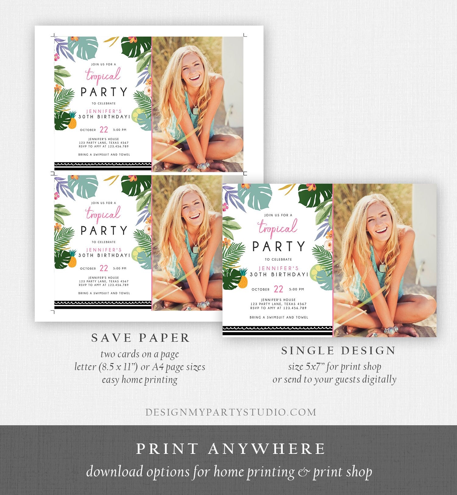 Editable Tropical Birthday Invitation Tropical Party Adult 30th 40th Birthday Pink Woman Palm Leaves Hawaiian Printable Template Corjl 0183