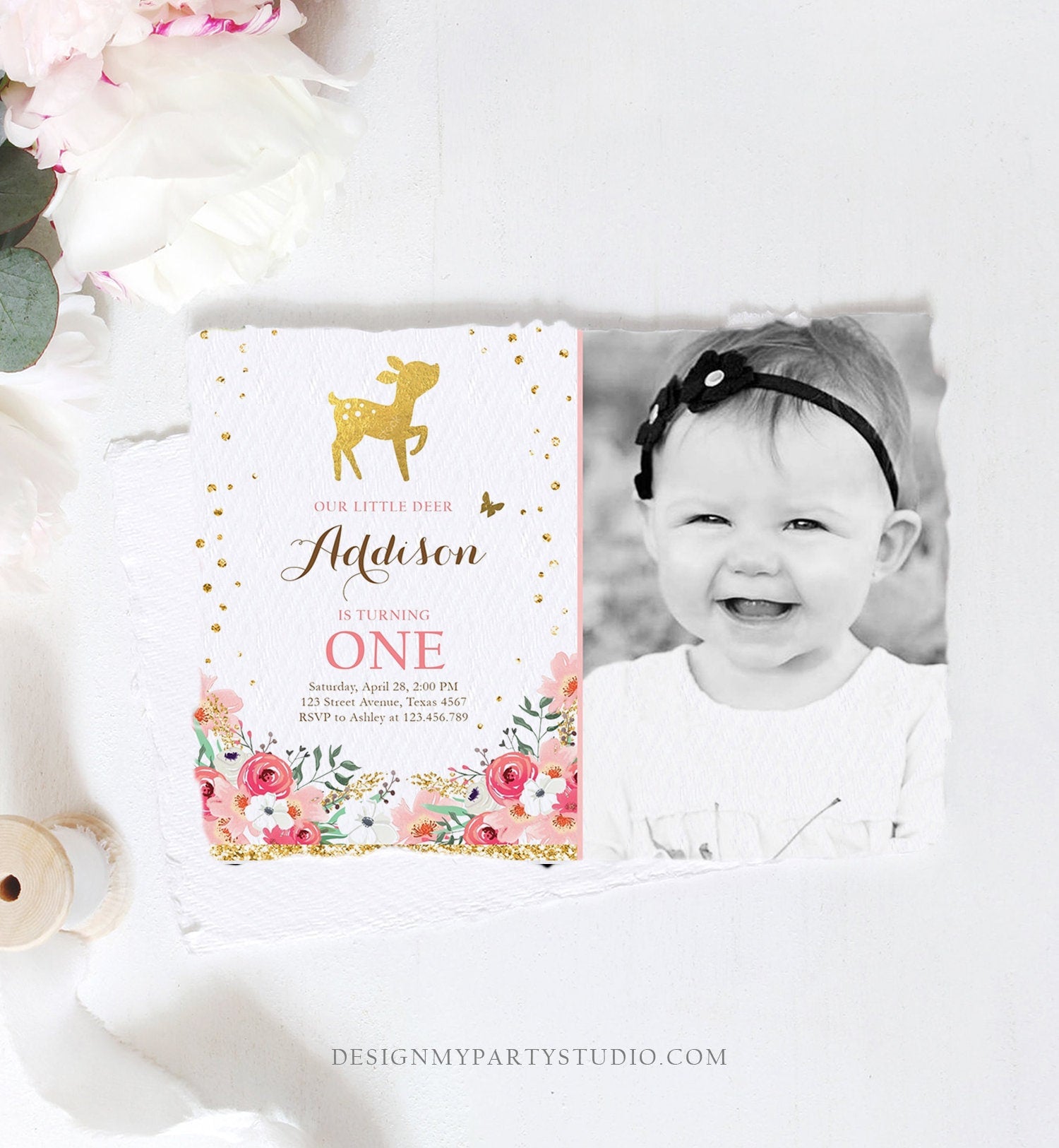 Editable Little Deer Birthday Invitation Pink Gold Girl First Birthday 1st Antler Woodland Digital Download Corjl Template Printable 0060