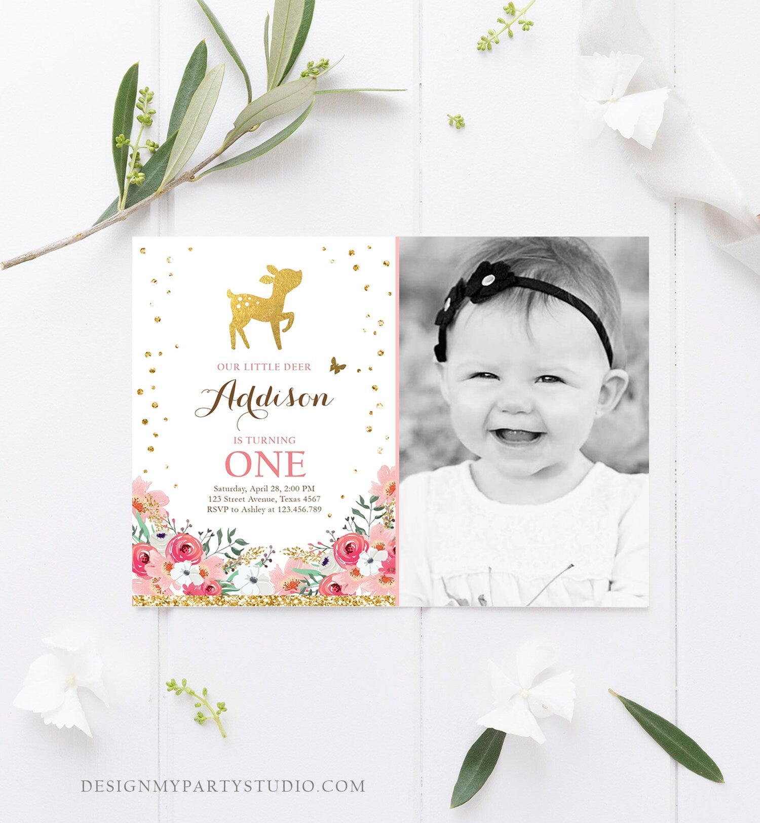 Editable Little Deer Birthday Invitation Pink Gold Girl First Birthday 1st Antler Woodland Digital Download Corjl Template Printable 0060