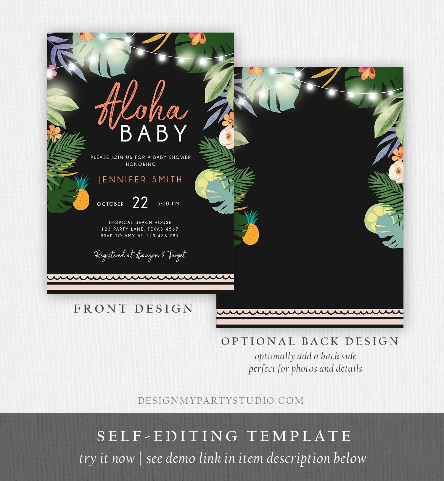 Editable Tropical Baby Shower Invitation Oh Baby Aloha Coed Shower Party Sprinkle Luau Palm Hawaiian Beach Corjl Template Printable 0183